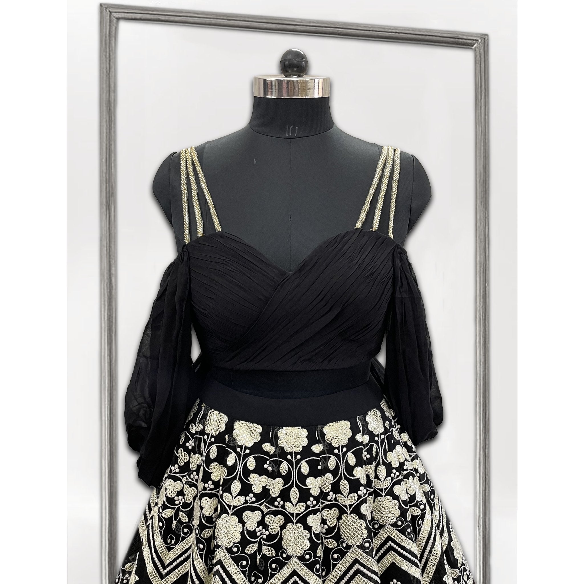 Eclectic Black Lehenga with Draped blouse - Indian Designer Bridal Wedding Outfit