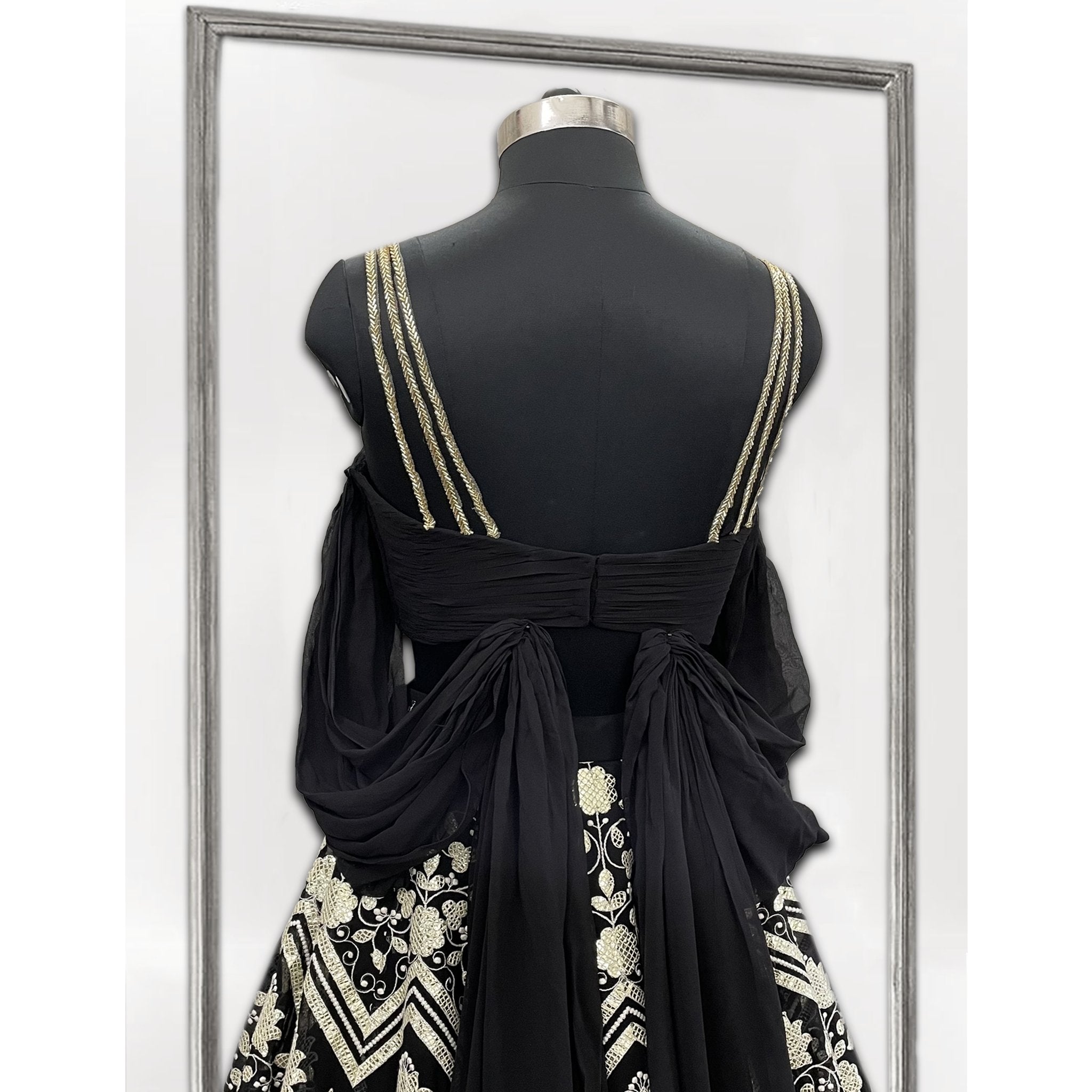 Eclectic Black Lehenga with Draped blouse - Indian Designer Bridal Wedding Outfit
