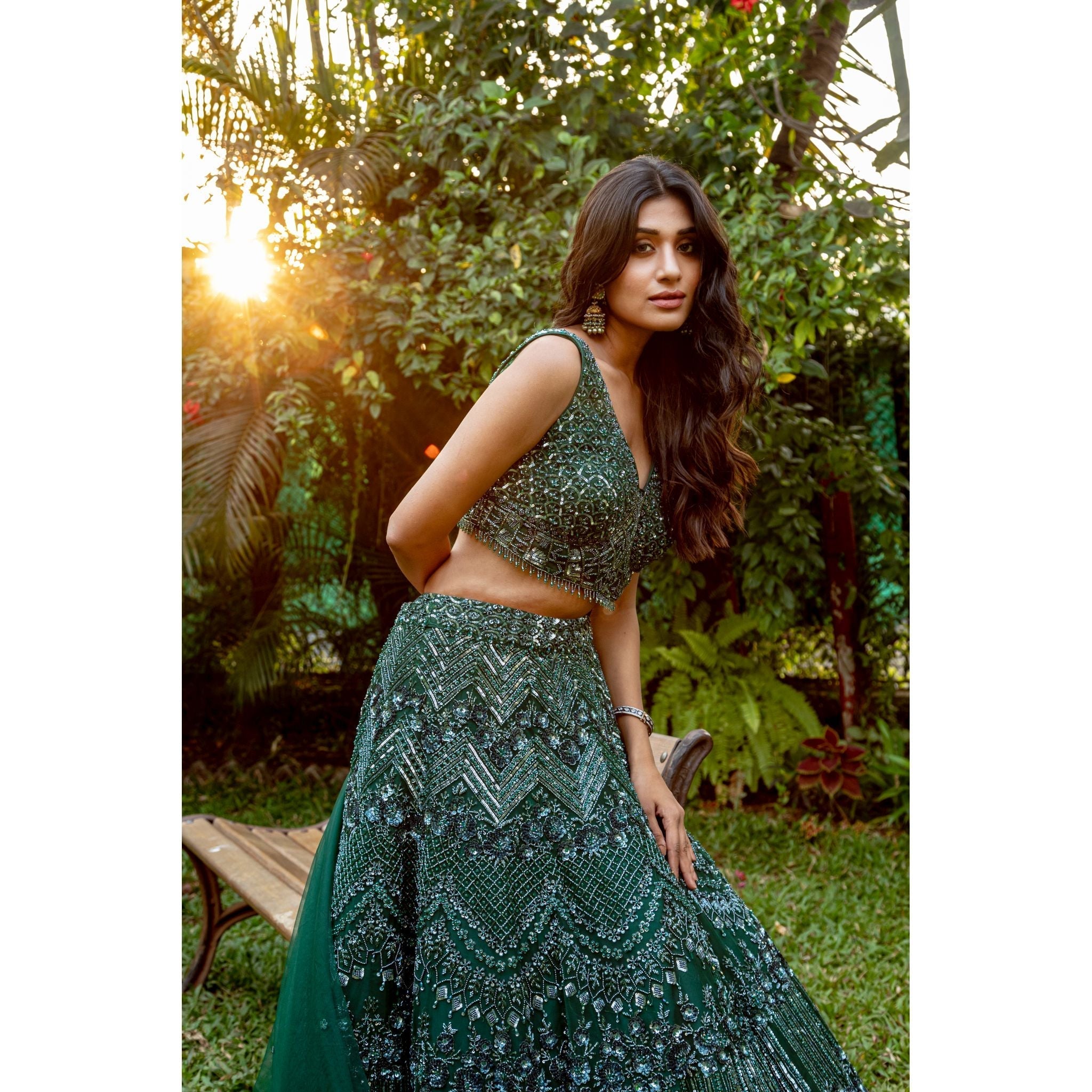 Emerald Green Embroidered Lehenga Set - Indian Designer Bridal Wedding Outfit