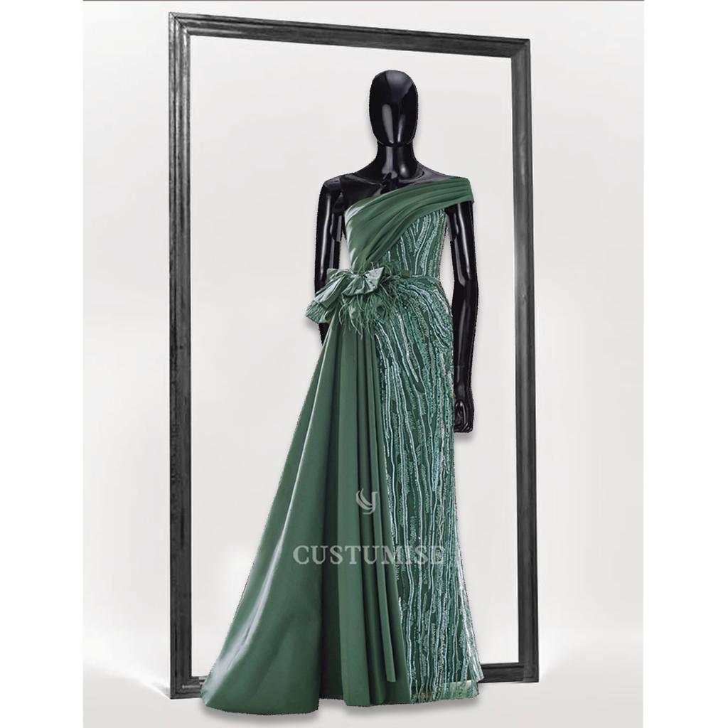 Emerald Green One Shoulder Gown - Indian Designer Bridal Wedding Outfit