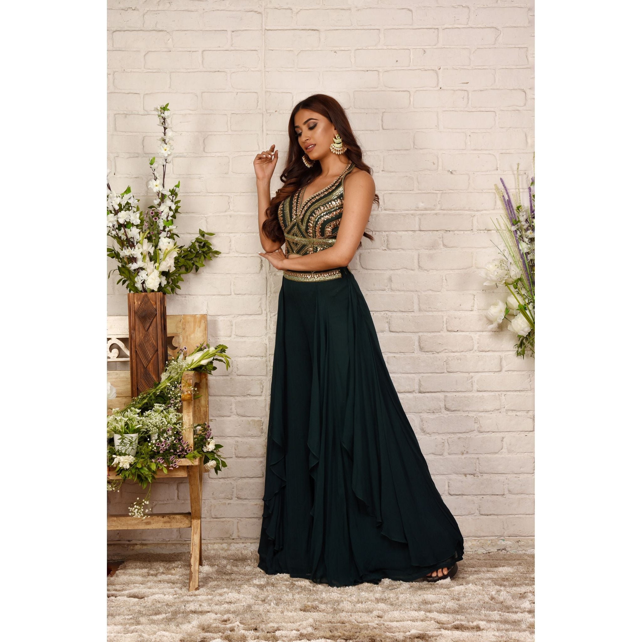 Emerald Green Plunge Top Palazzo Set - Indian Designer Bridal Wedding Outfit