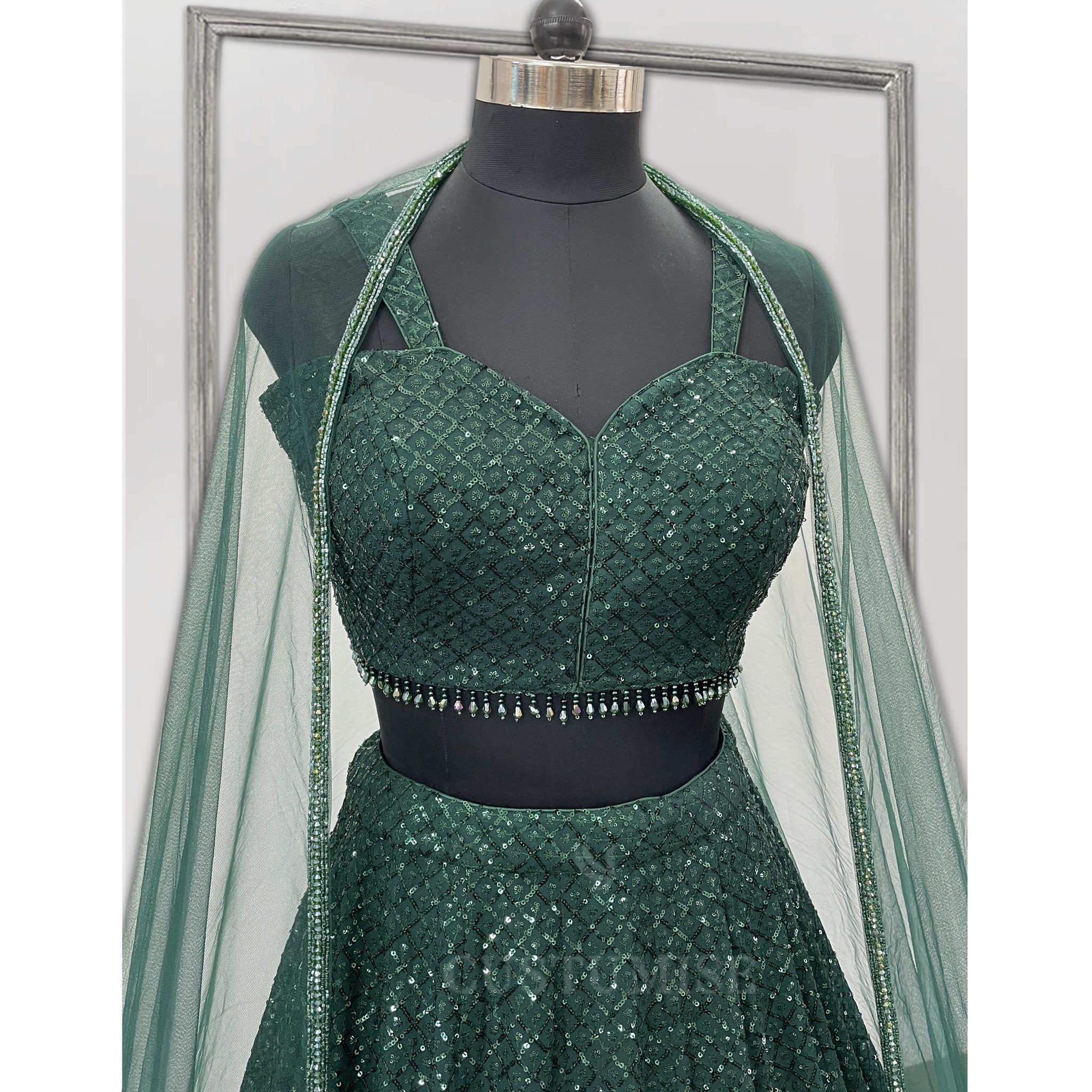 Emerald Green Sequence Cutdana Lehenga Set - Indian Designer Bridal Wedding Outfit