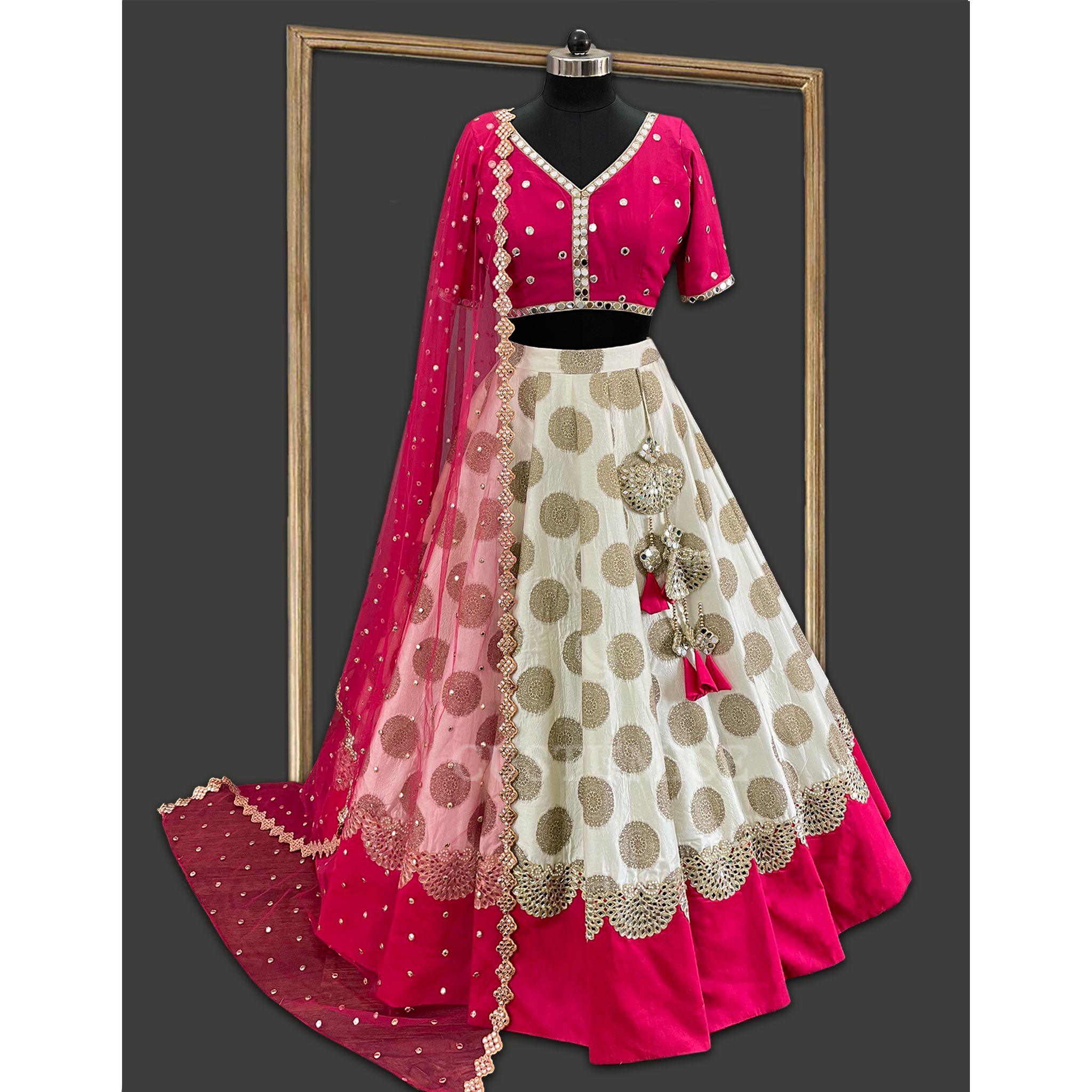 Enchanting Ivory Banarsi Lehenga: Mirror Embellished Beauty in Hot Pink - Indian Designer Bridal Wedding Outfit