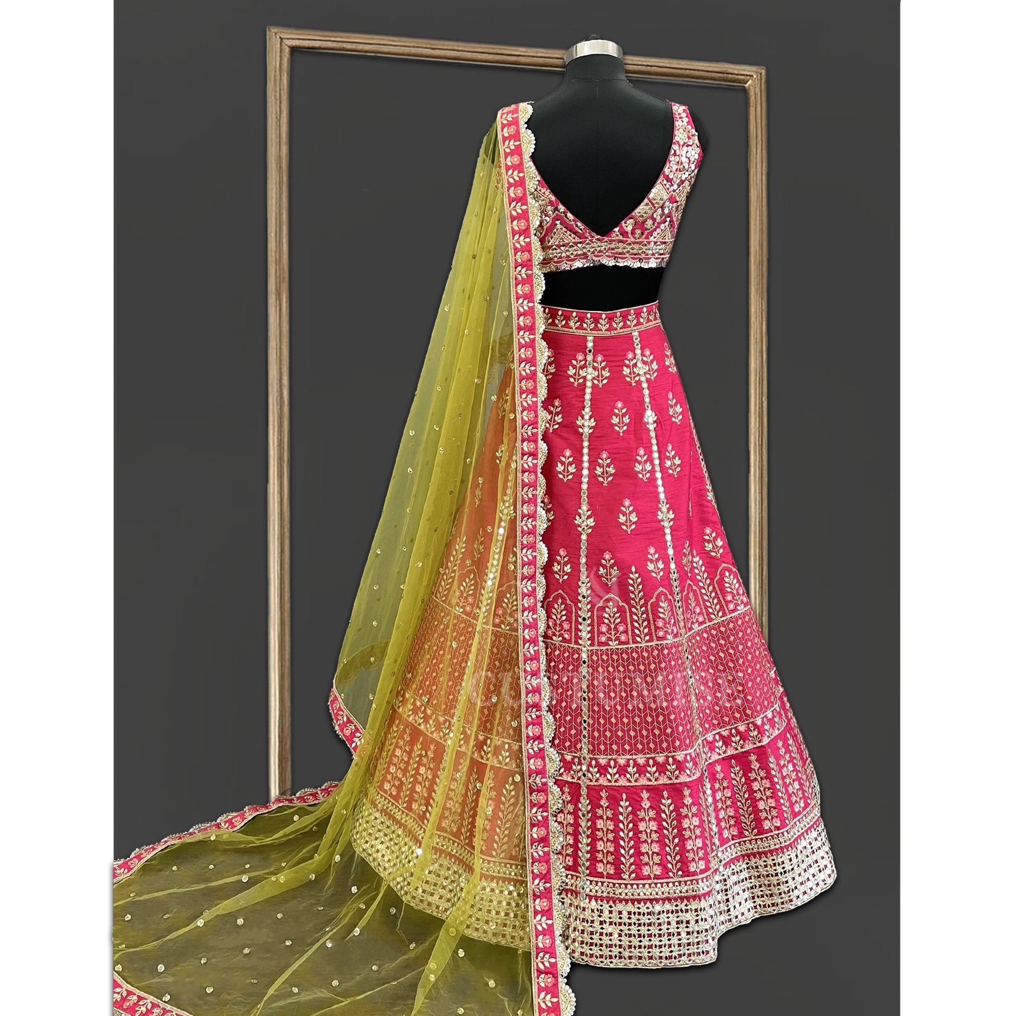 Enchanting Reflections: Reddish Pink Mirror Lehenga - Indian Designer Bridal Wedding Outfit
