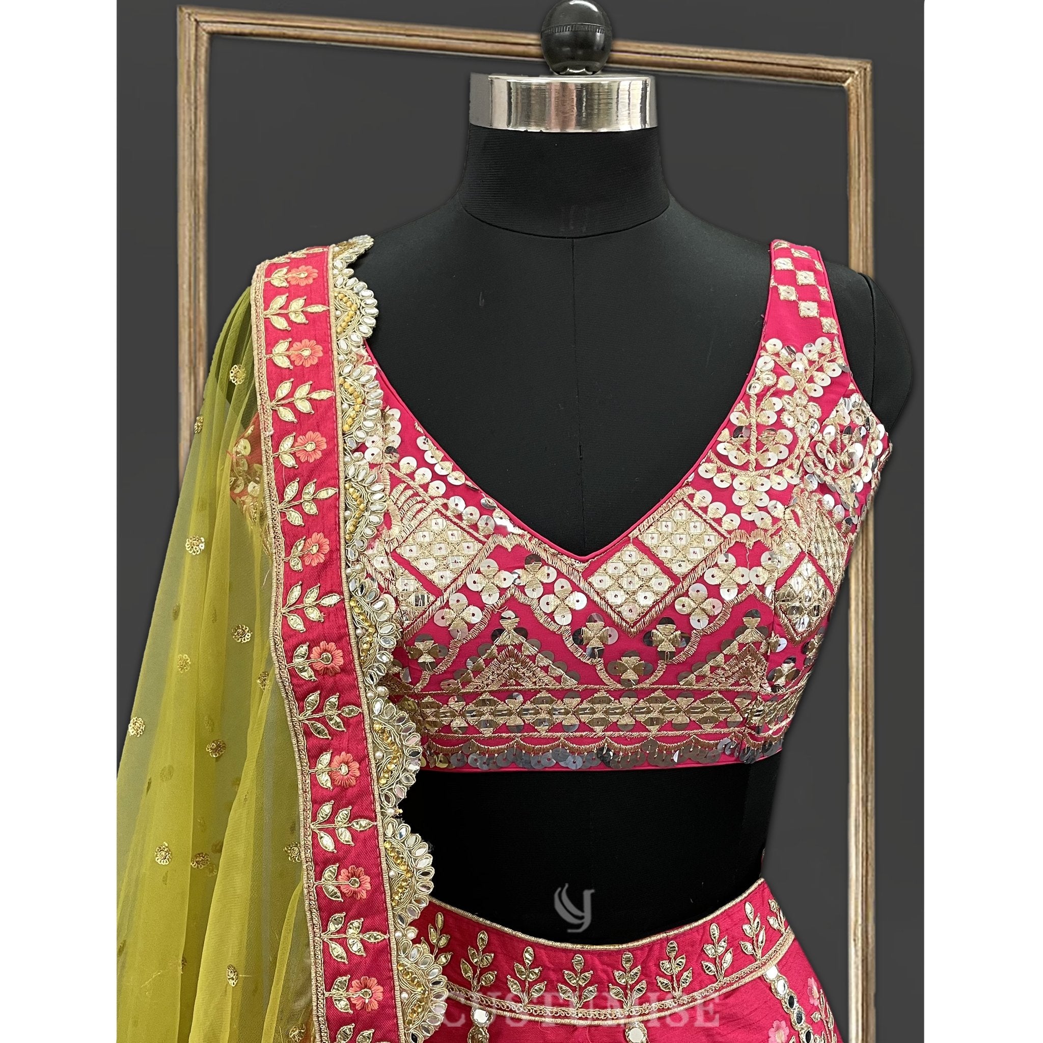 Enchanting Reflections: Reddish Pink Mirror Lehenga - Indian Designer Bridal Wedding Outfit