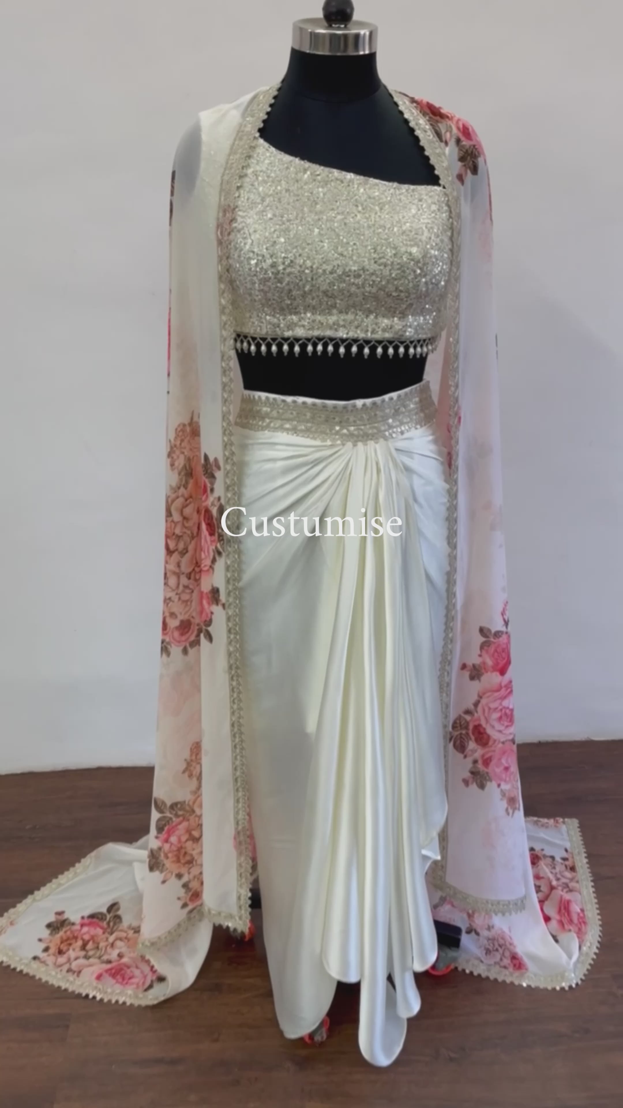 Pearl White Dhoti and Floral cape Set