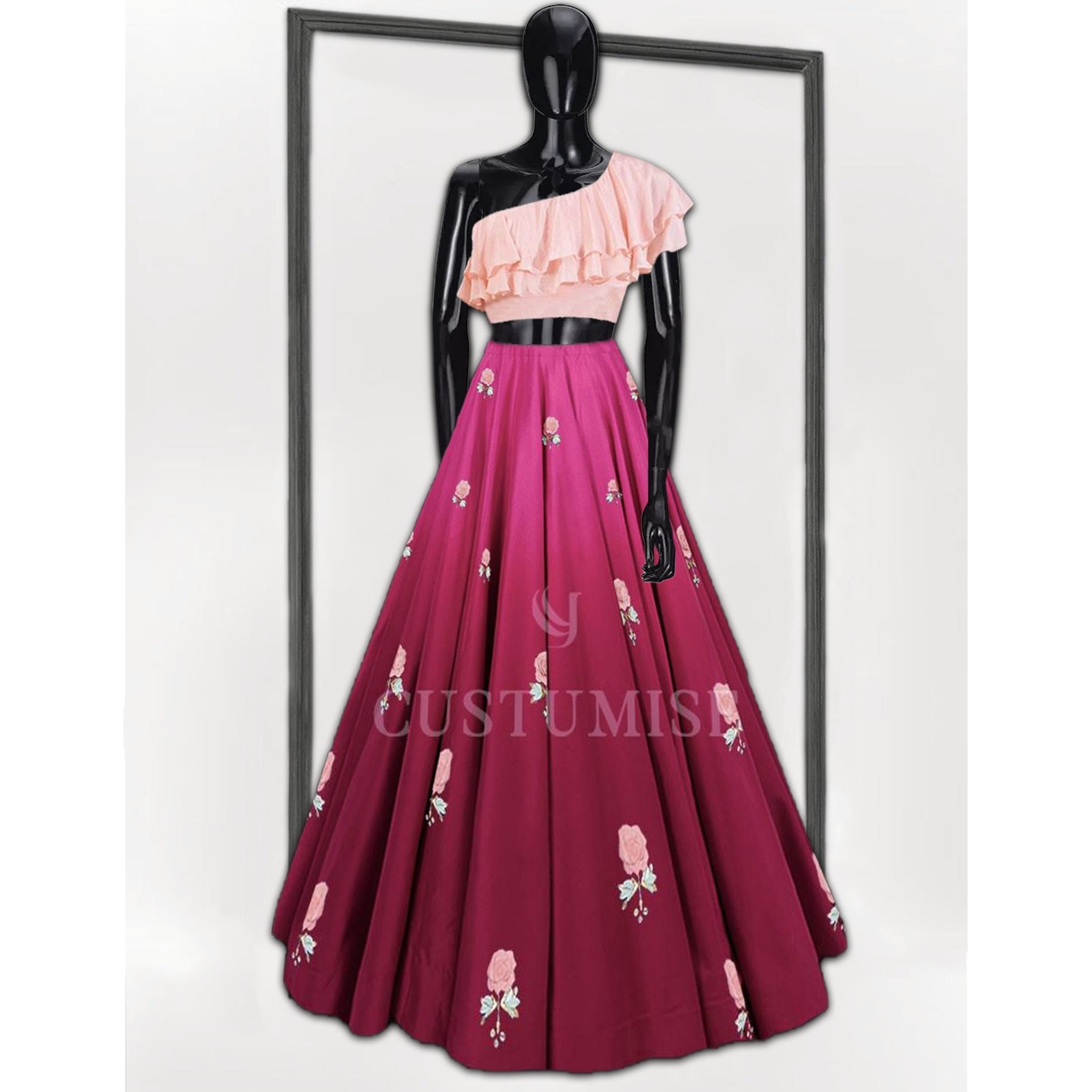 Floral Fantasy: Magenta Pink Skirt with Pastel Pink Ruffled Top - Indian Designer Bridal Wedding Outfit