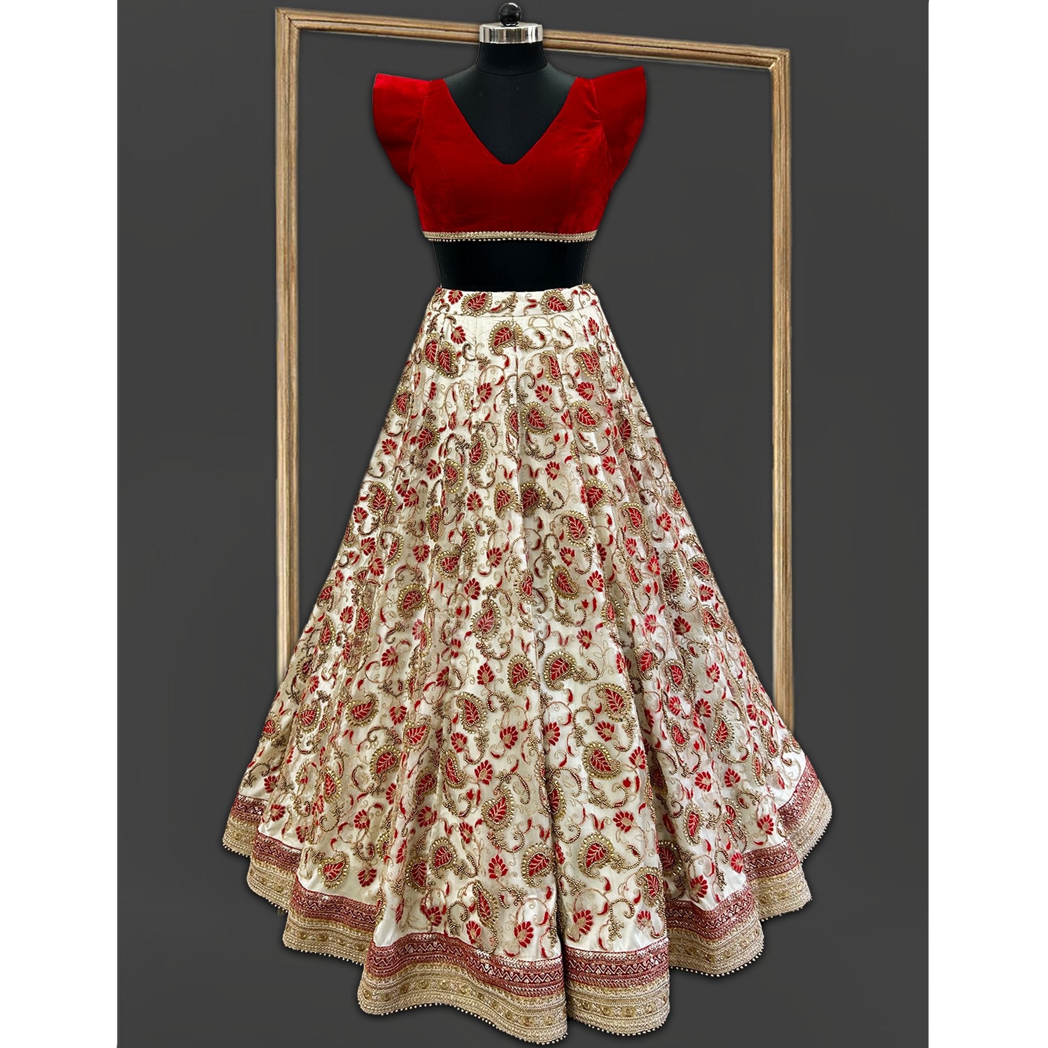 Gold and Red Embroidered Lehenga - Indian Designer Bridal Wedding Outfit
