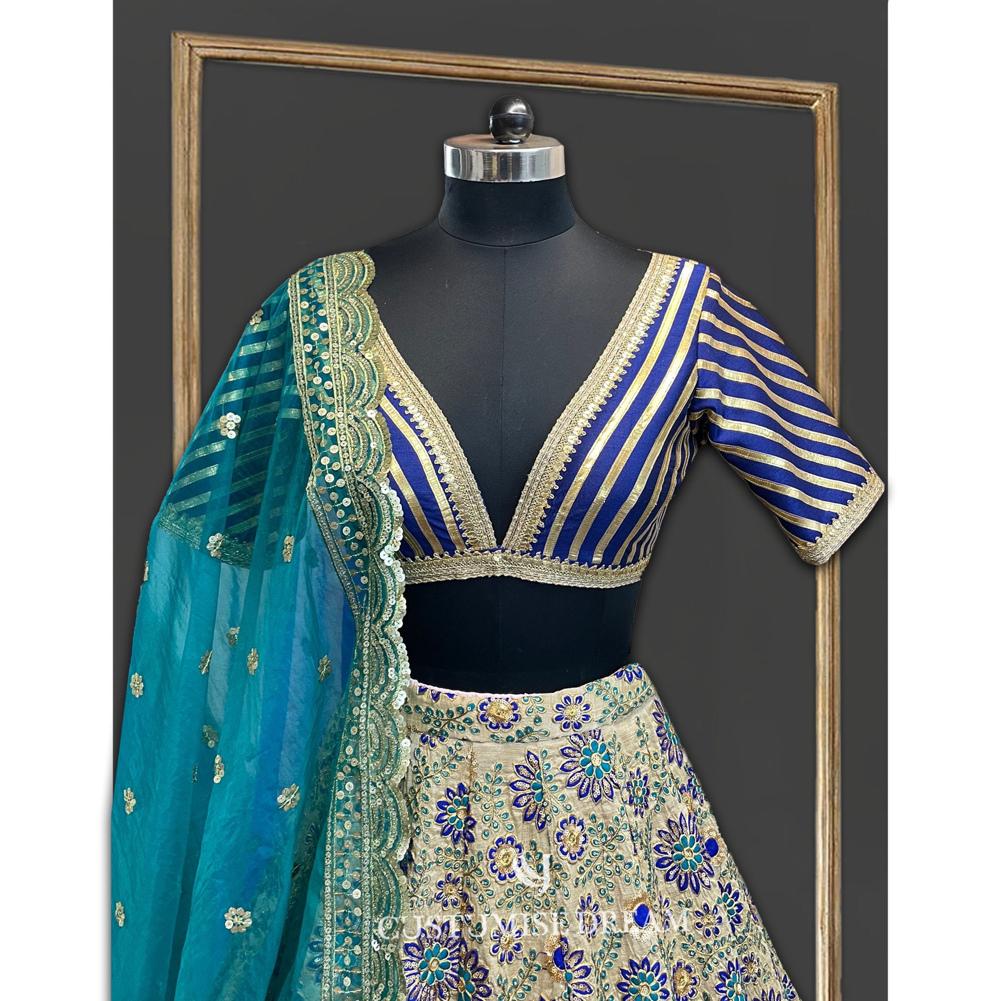 Golden Elegance: Peacock Hues Royal Lehenga - Indian Designer Bridal Wedding Outfit