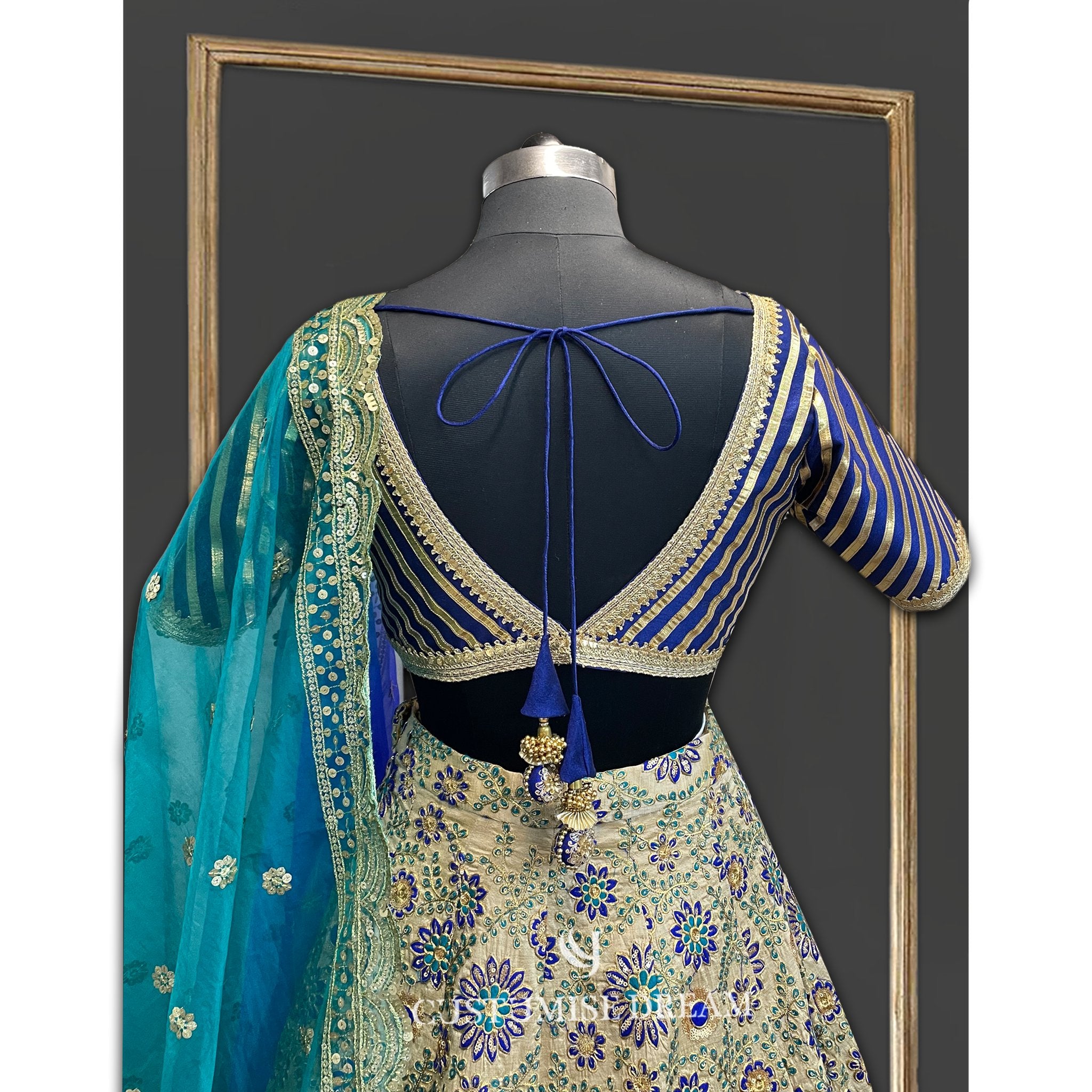 Golden Elegance: Peacock Hues Royal Lehenga - Indian Designer Bridal Wedding Outfit