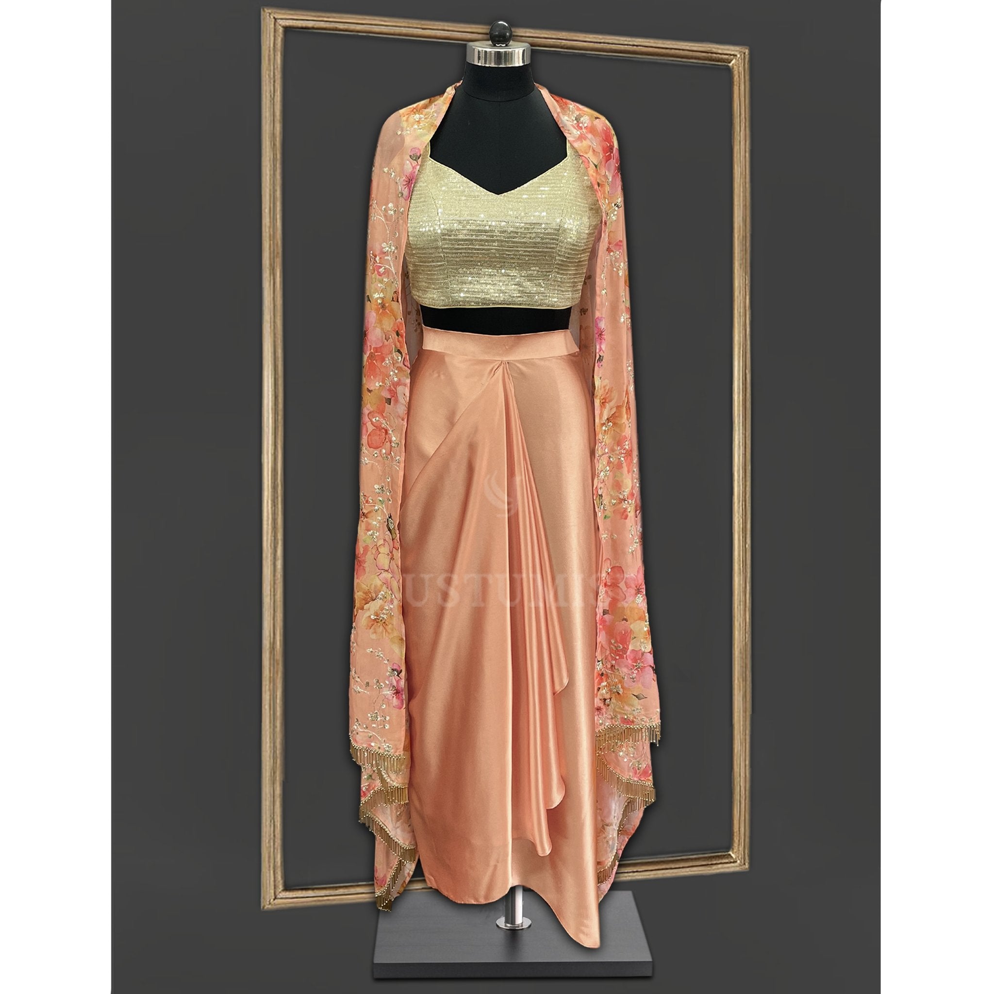 Gorgeous Peach Satin Dhoti with Floral Cape - Indian Designer Bridal Wedding Outfit
