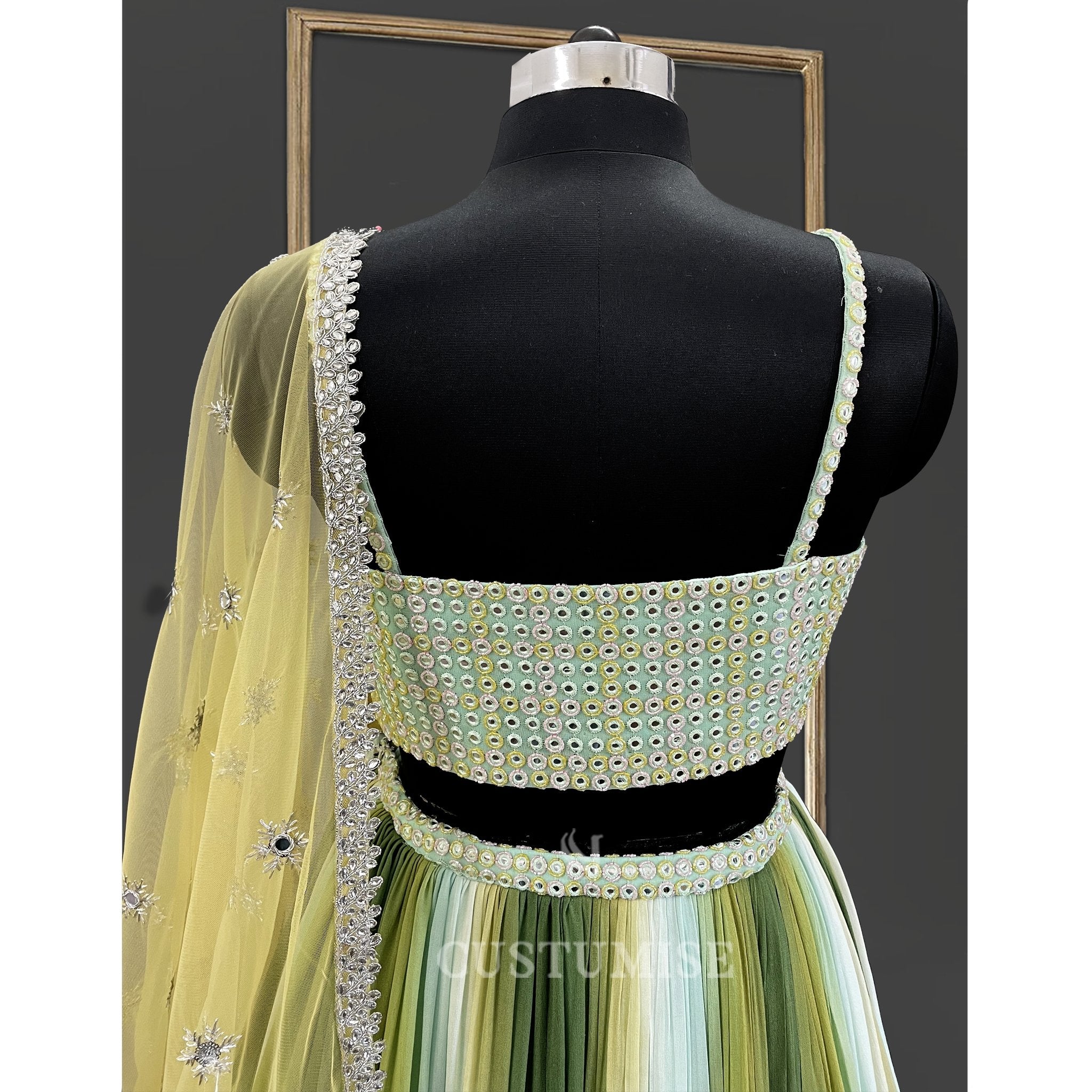 Green Ombre and Mirror Lehenga Set - Indian Designer Bridal Wedding Outfit
