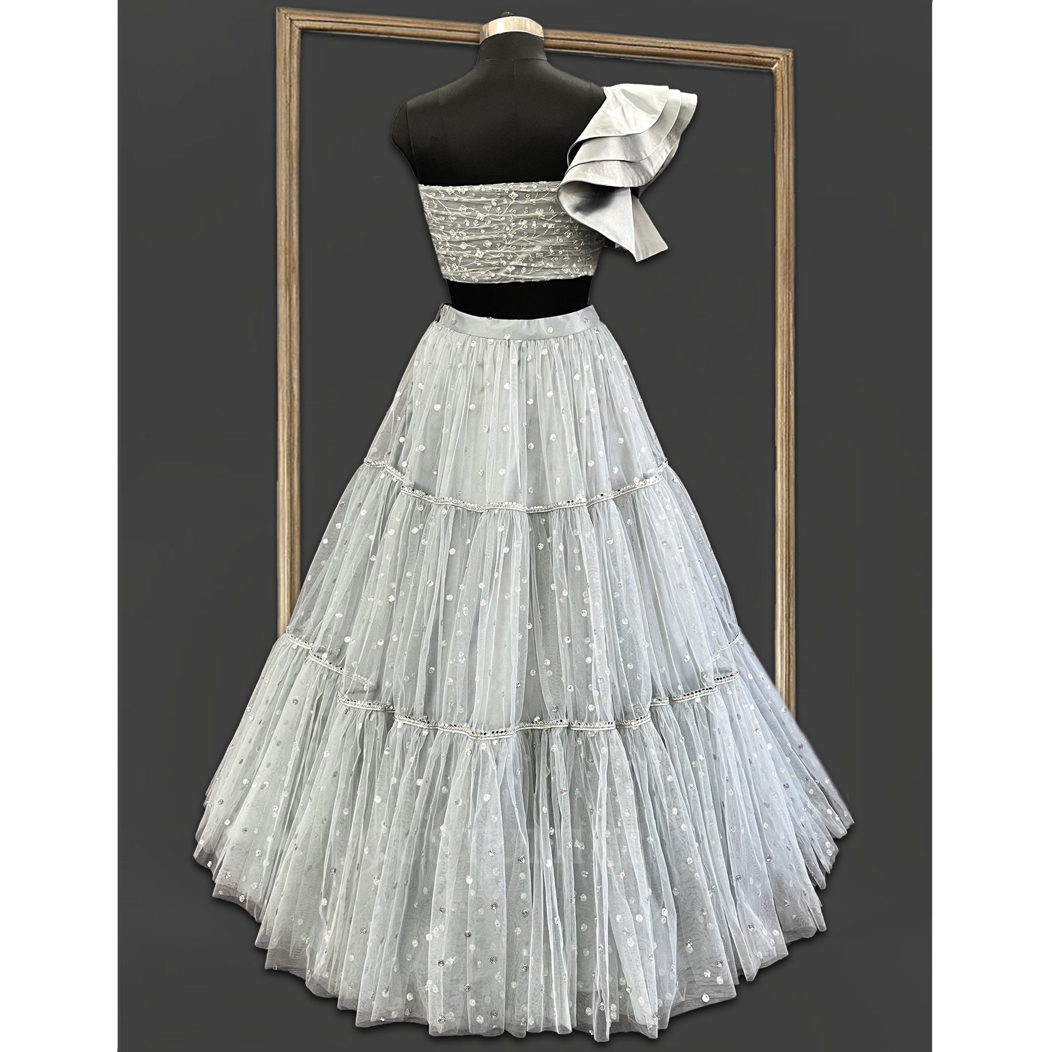 Grey 3 Tiered Skirt with One Shoulder Ruffled Sleeves Top - Indian Designer Bridal Wedding Outfit