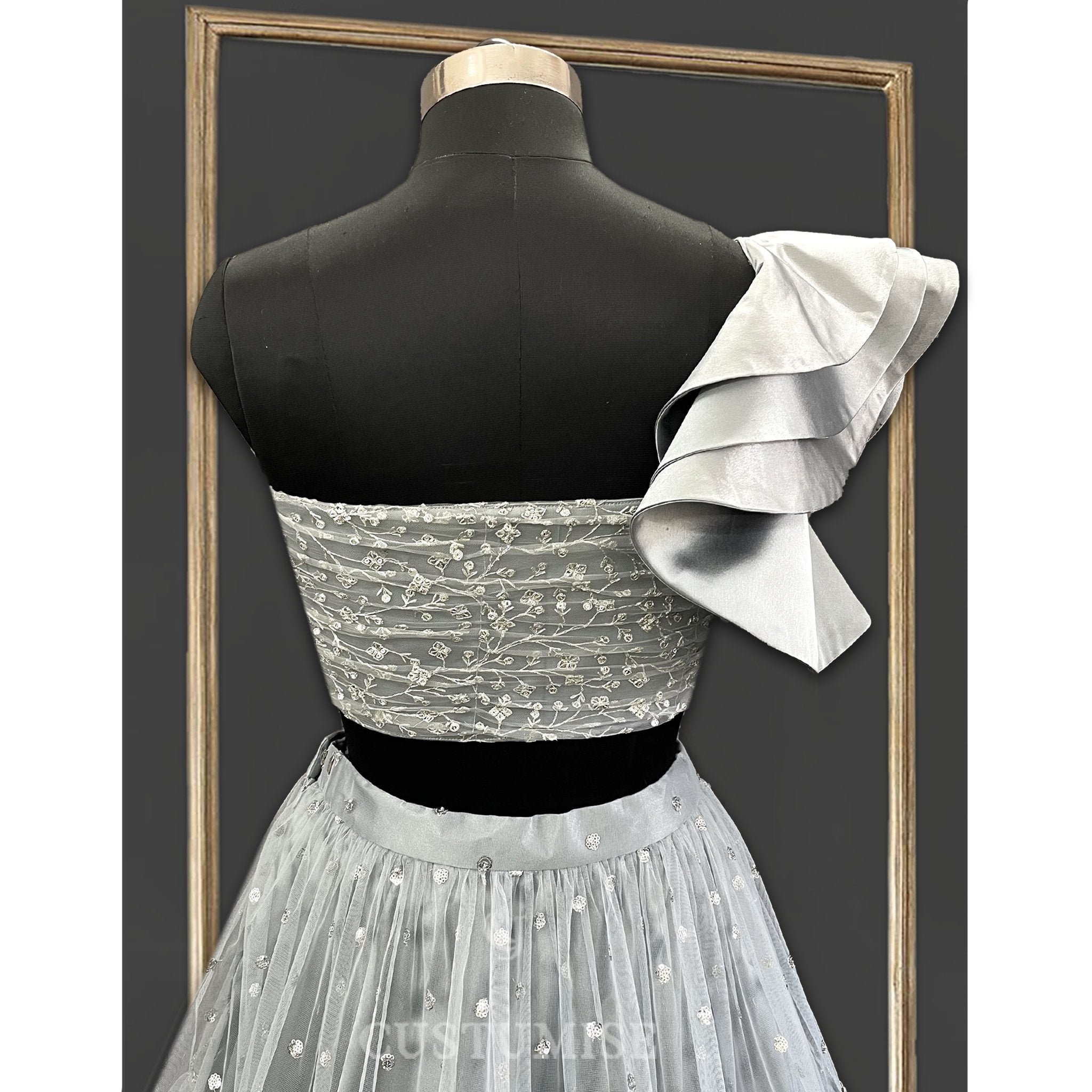 Grey 3 Tiered Skirt with One Shoulder Ruffled Sleeves Top - Indian Designer Bridal Wedding Outfit
