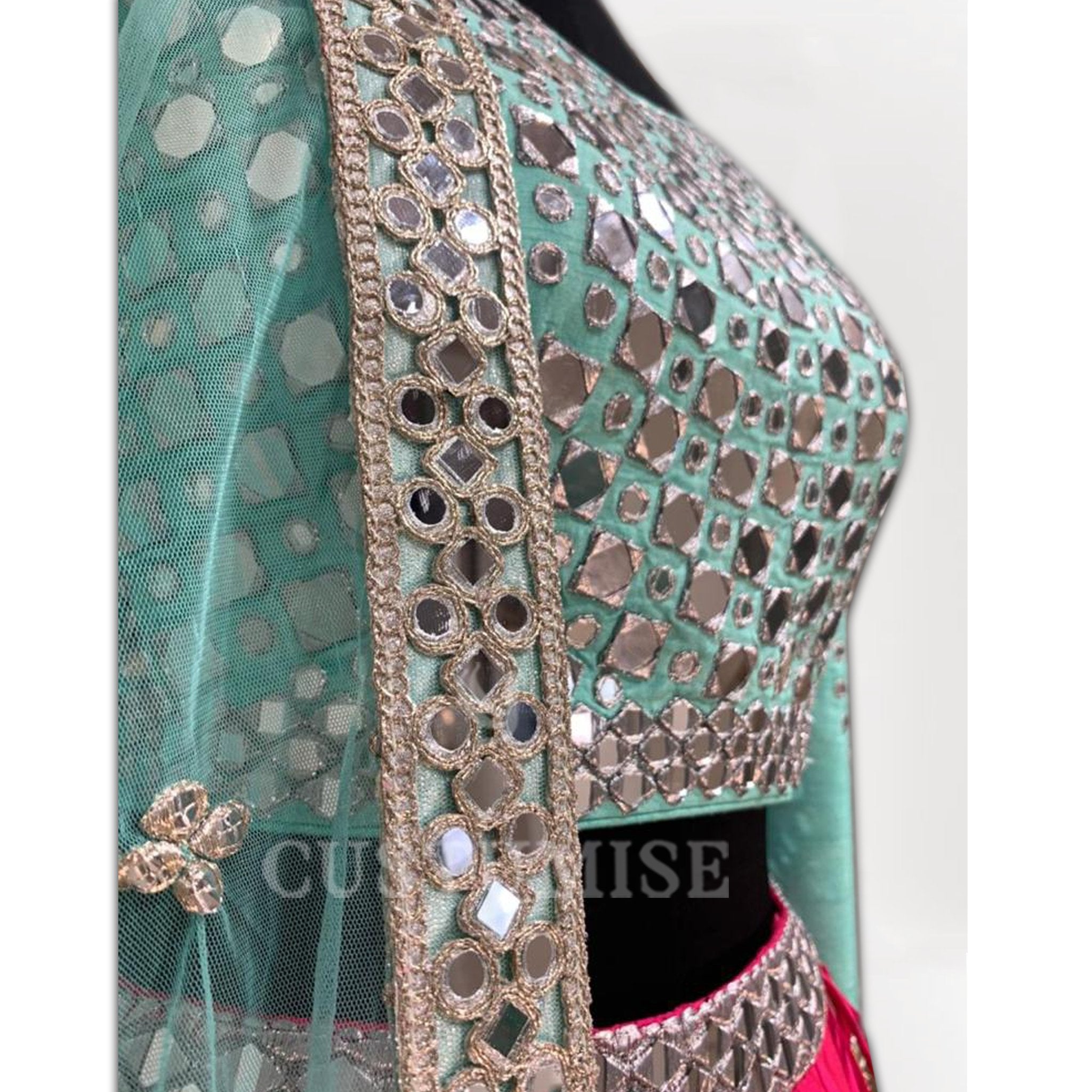 Hot Pink and Blue Mirror Lehenga - Indian Designer Bridal Wedding Outfit