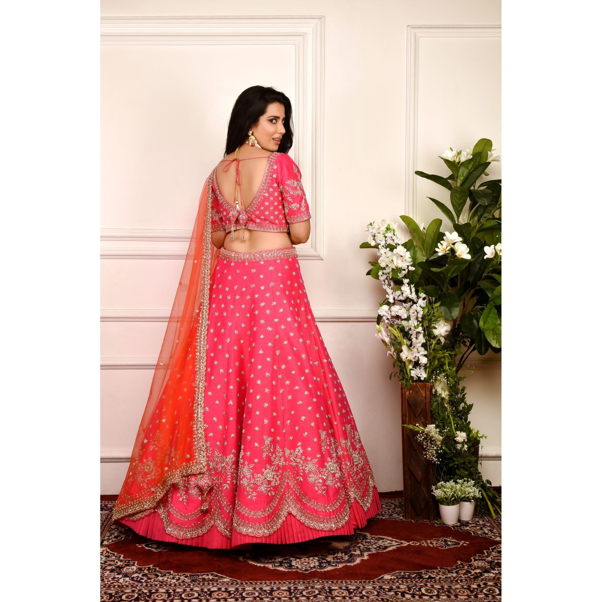 Hot Pink And Orange Zardozi Lehenga Set - Indian Designer Bridal Wedding Outfit