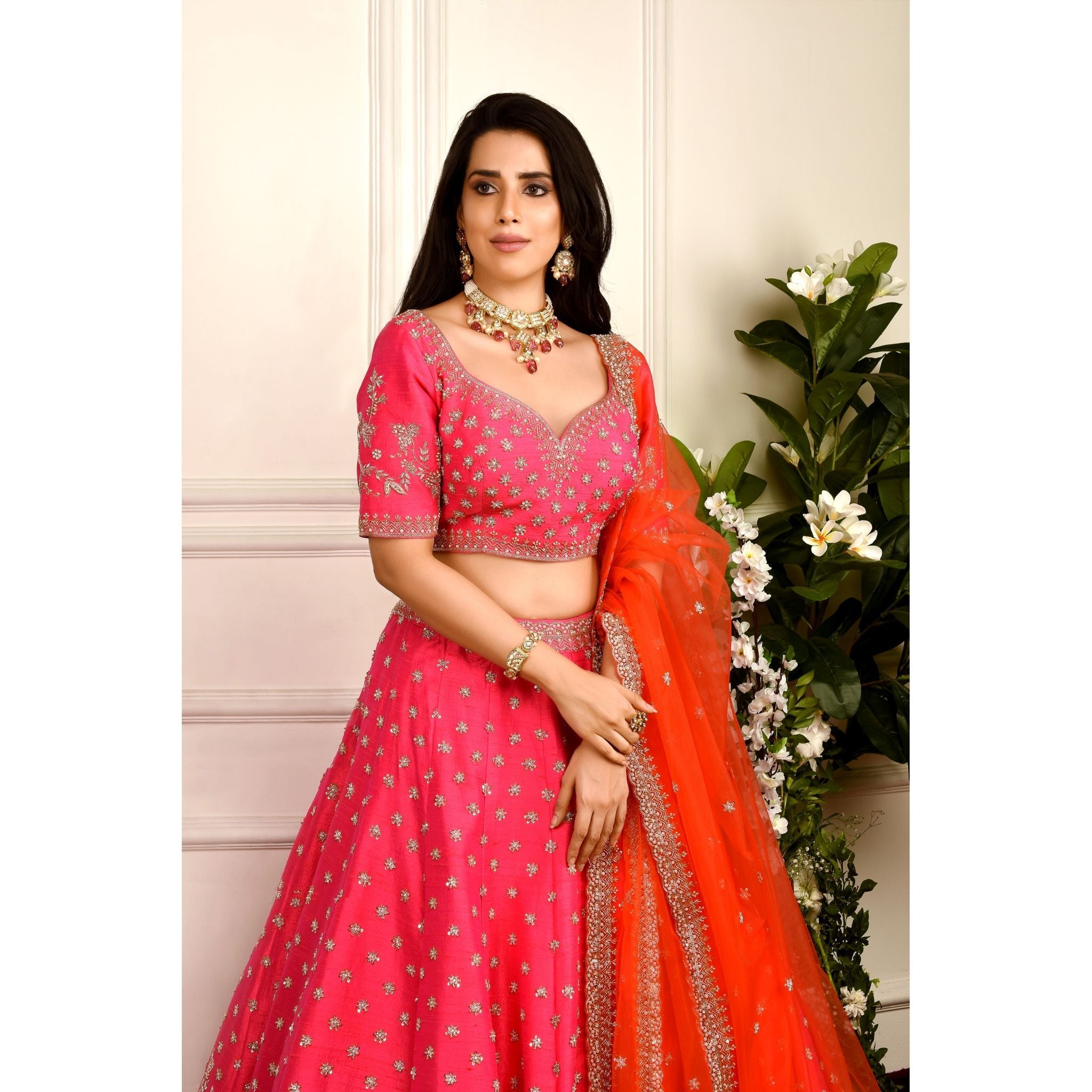 Hot Pink And Orange Zardozi Lehenga Set - Indian Designer Bridal Wedding Outfit