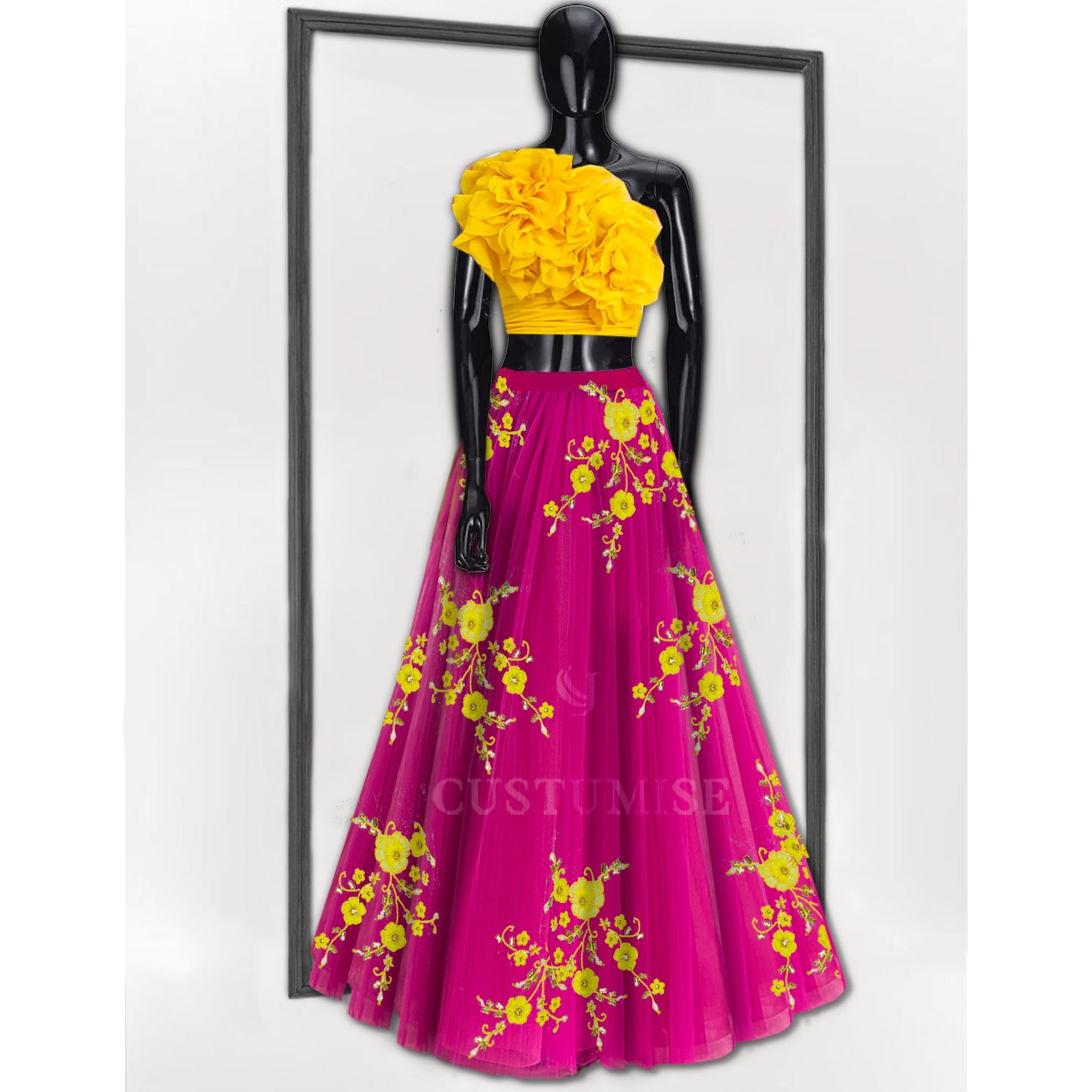 Hot Pink and Yellow Ruffled Skirt Set - Indian Designer Bridal Wedding Outfit