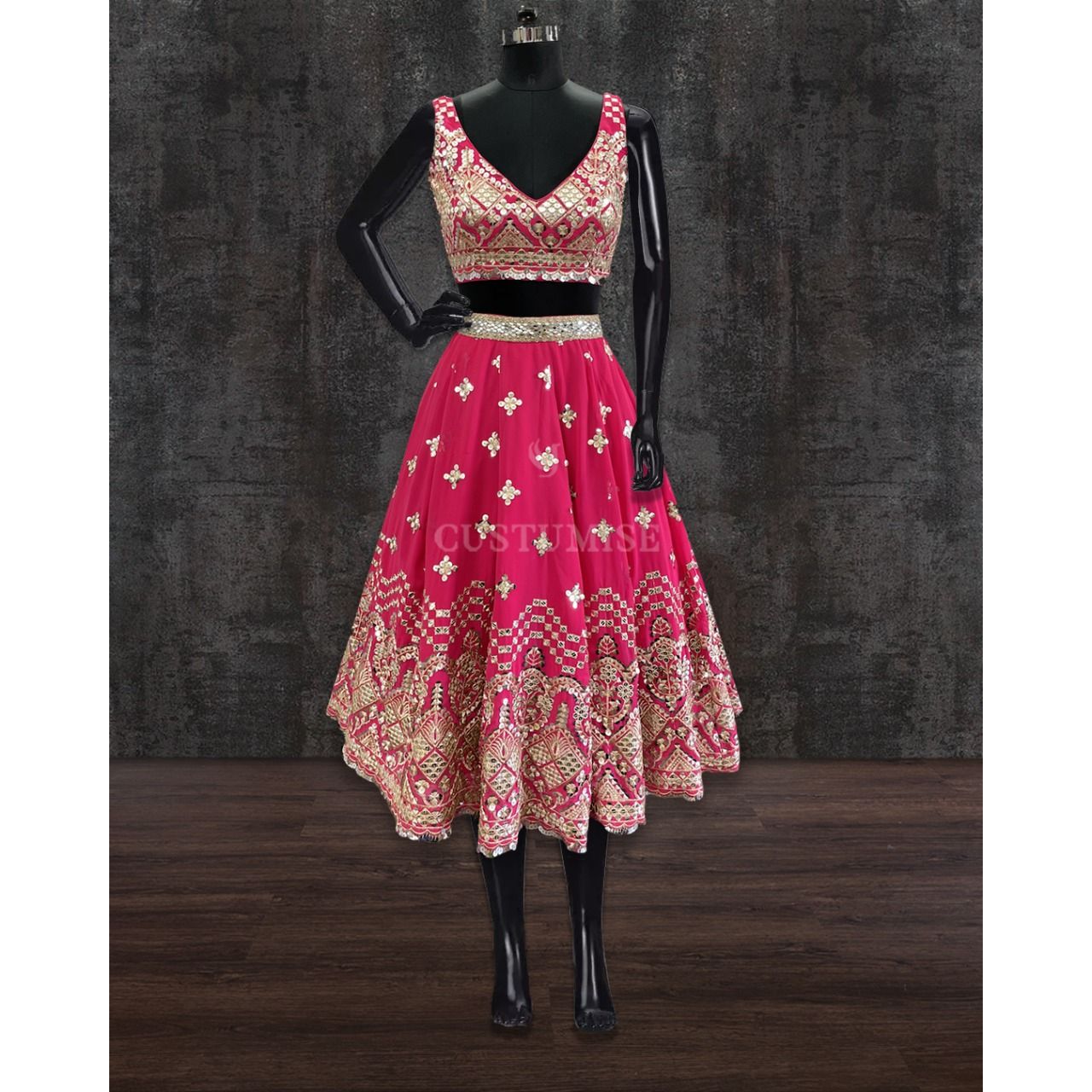 Hot pink embroidered Short Skirt Set - Indian Designer Bridal Wedding Outfit