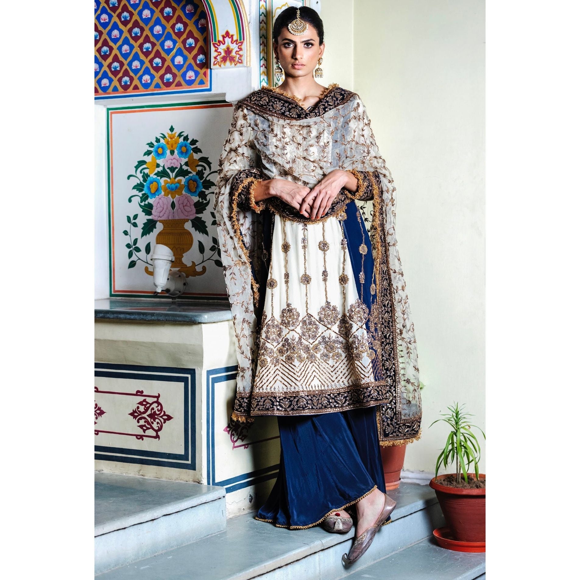 Ivory and Blue Embroidered Kurta Set - Indian Designer Bridal Wedding Outfit