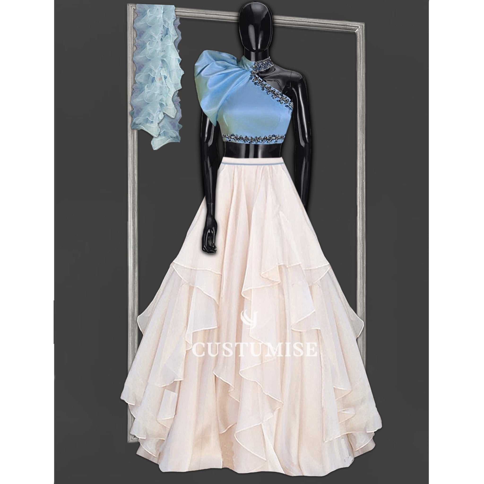 Ivory and Blue Ruffled Skirt Set - Indian Designer Bridal Wedding Outfit