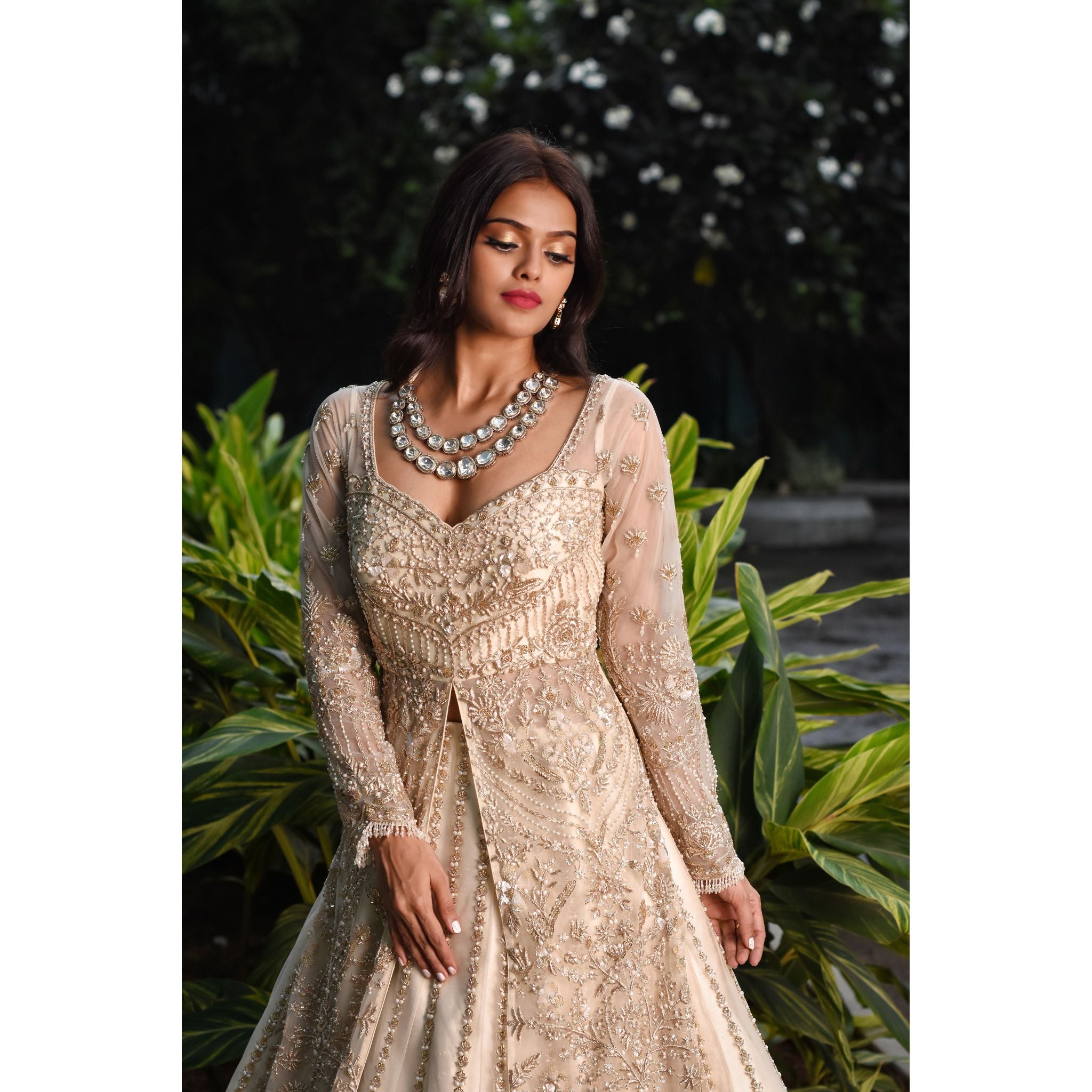 Ivory And Gold Anarkali Lehenga Set - Indian Designer Bridal Wedding Outfit