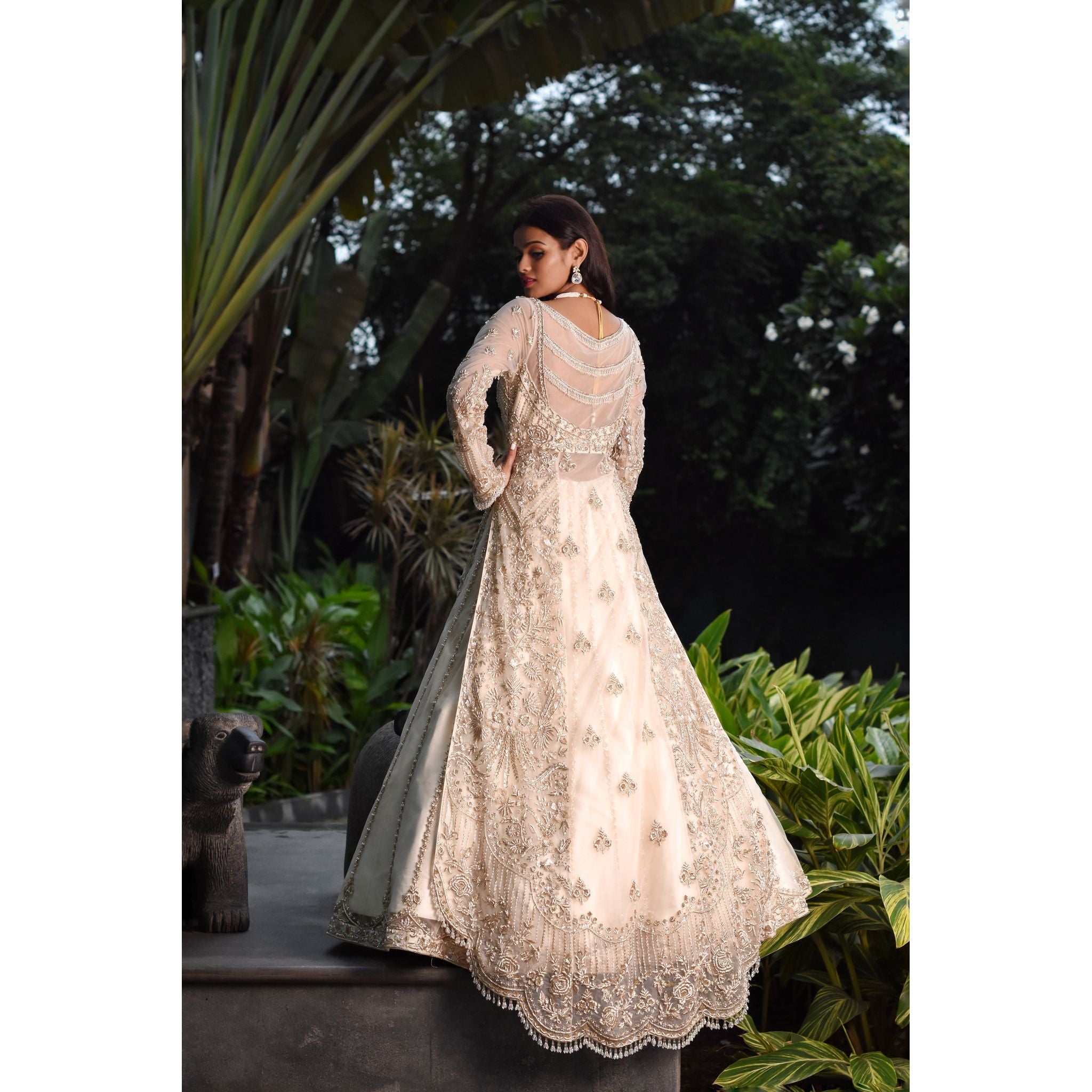 Ivory And Gold Anarkali Lehenga Set - Indian Designer Bridal Wedding Outfit