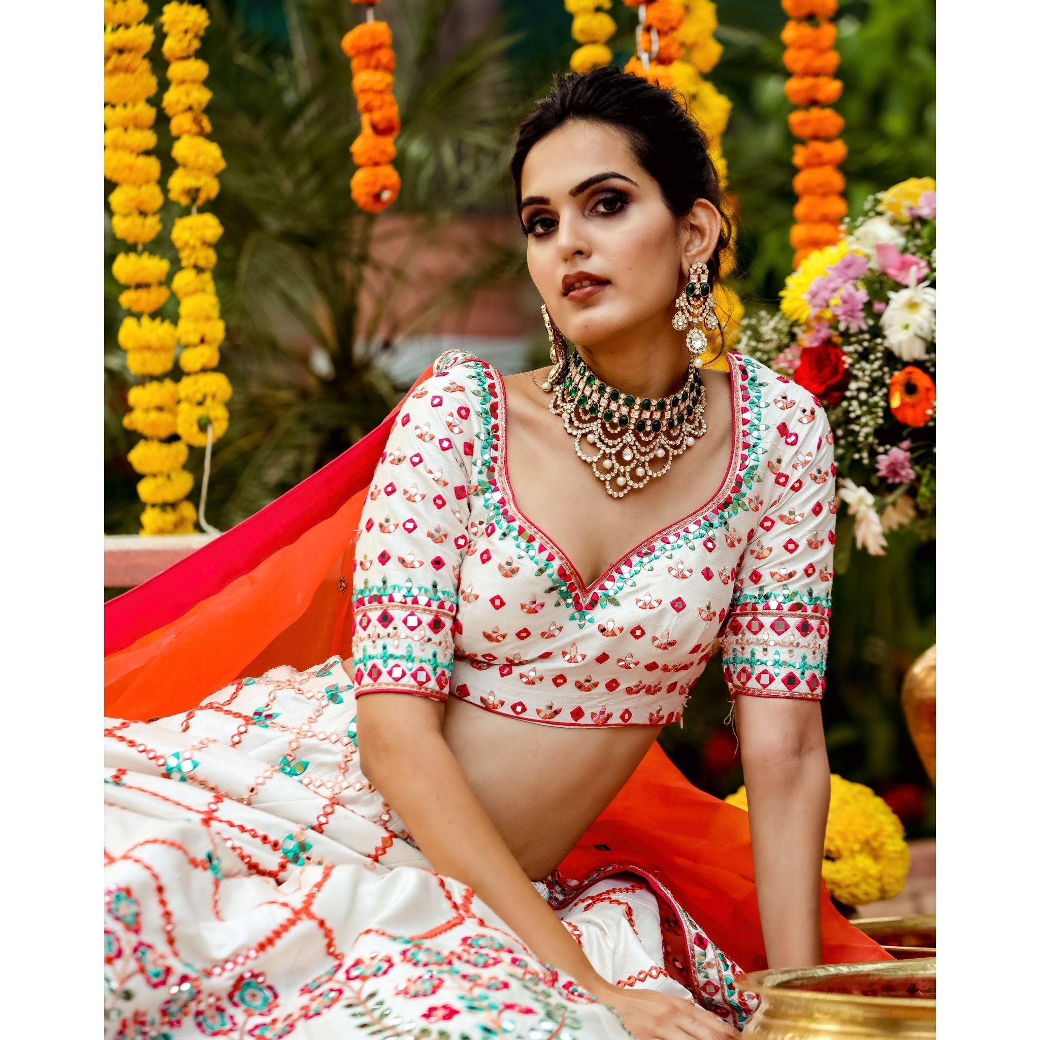 Ivory And Pink Mirrorwork Lehenga Set - Indian Designer Bridal Wedding Outfit