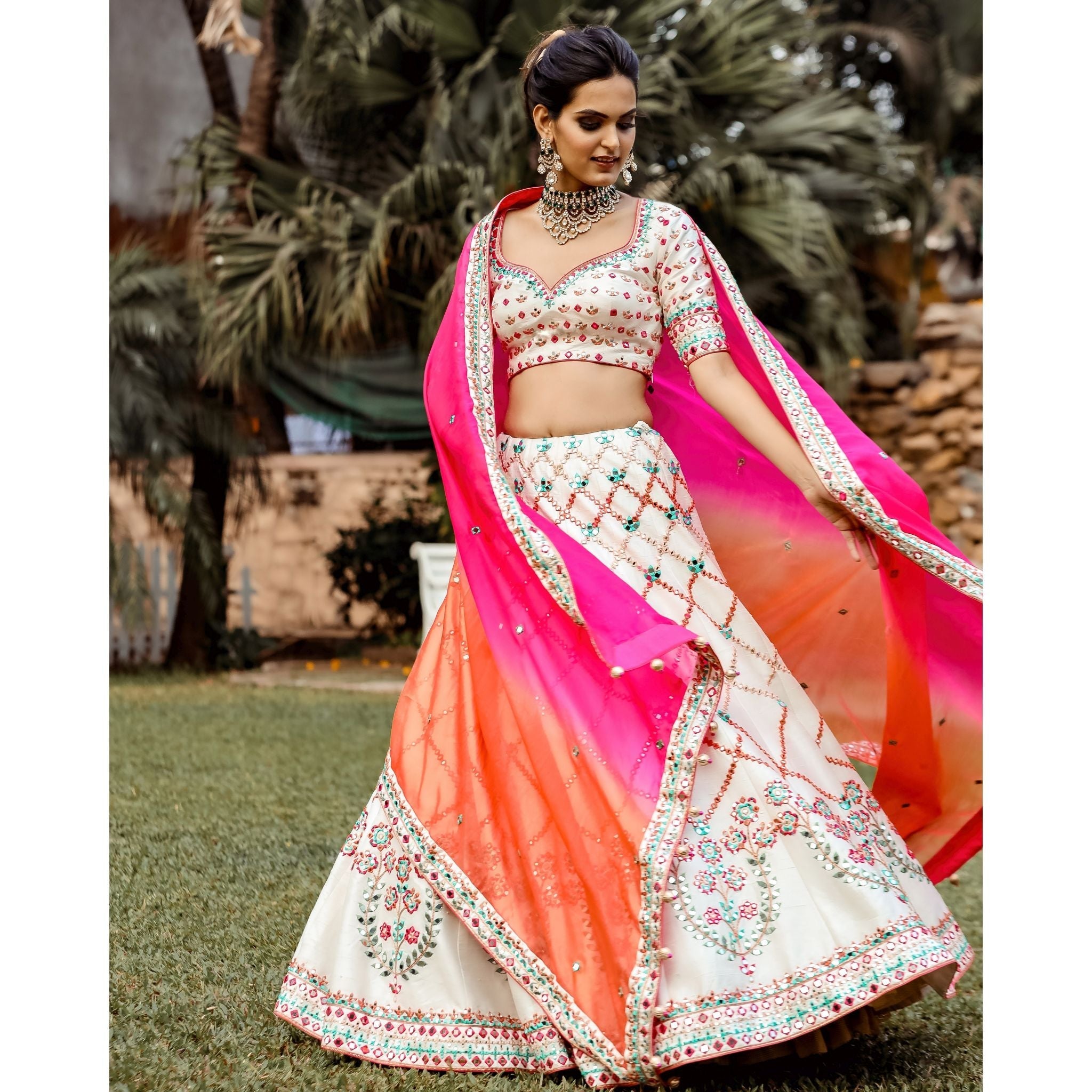 Ivory And Pink Mirrorwork Lehenga Set - Indian Designer Bridal Wedding Outfit