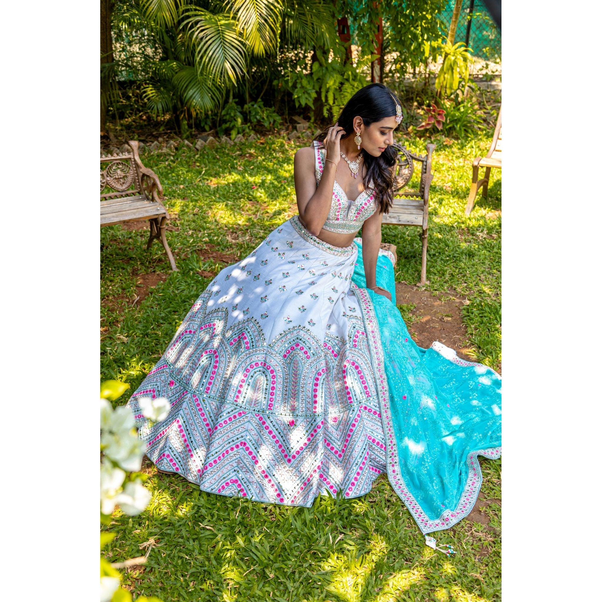 Ivory Pastel Mirrorwork Lehenga Set - Indian Designer Bridal Wedding Outfit