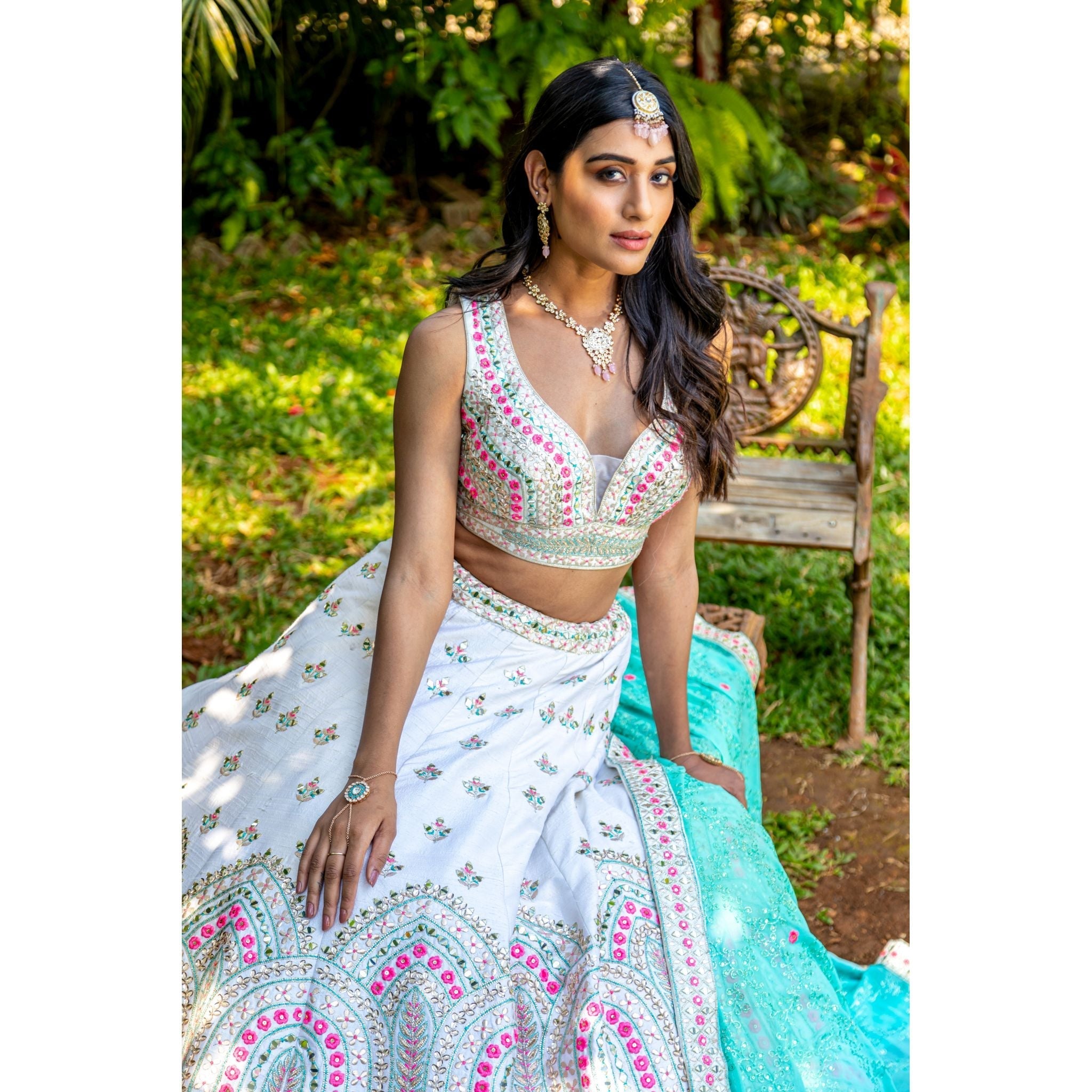 Ivory Pastel Mirrorwork Lehenga Set - Indian Designer Bridal Wedding Outfit