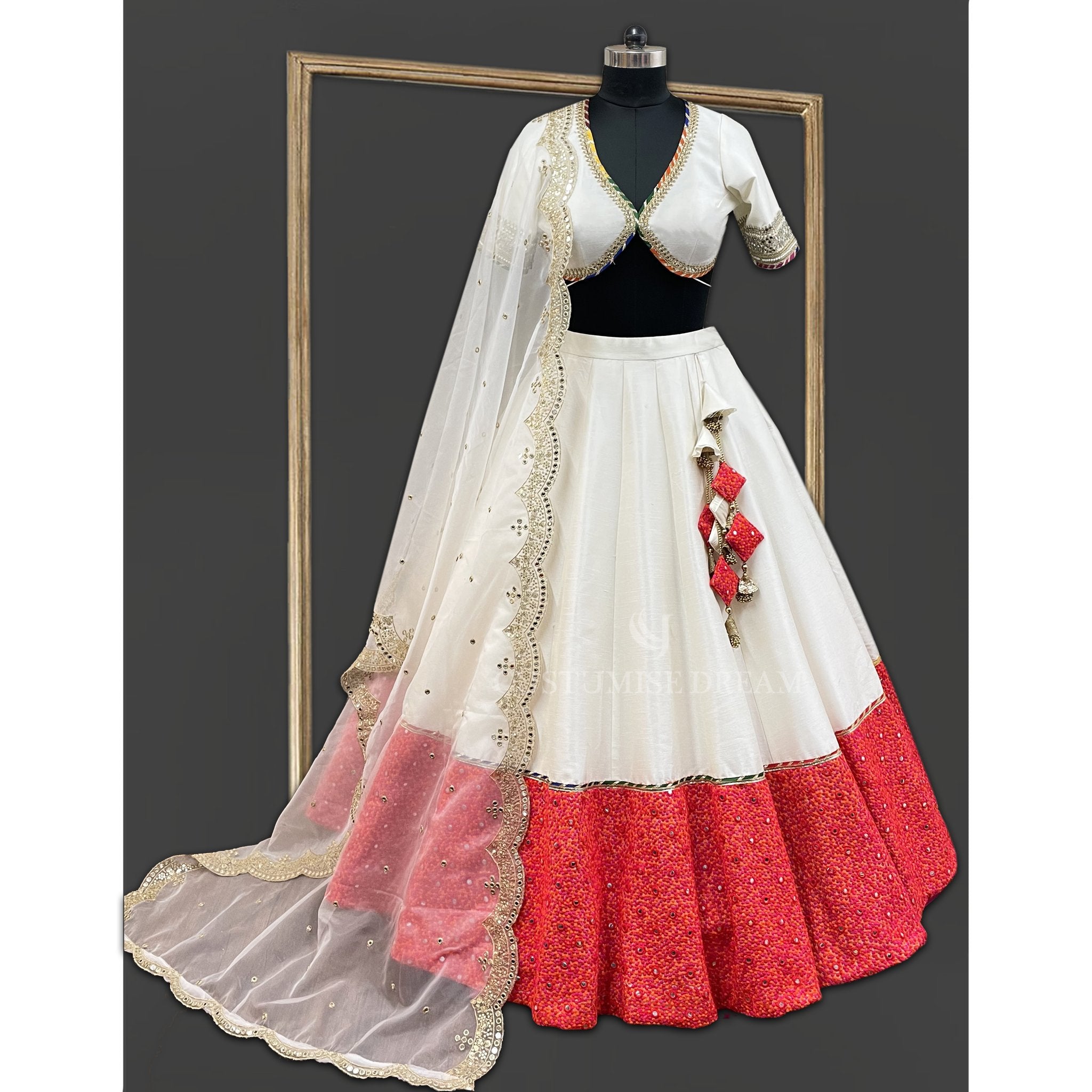 Ivory Silk Lehenga: Mirror Embroidered Splendor - Indian Designer Bridal Wedding Outfit