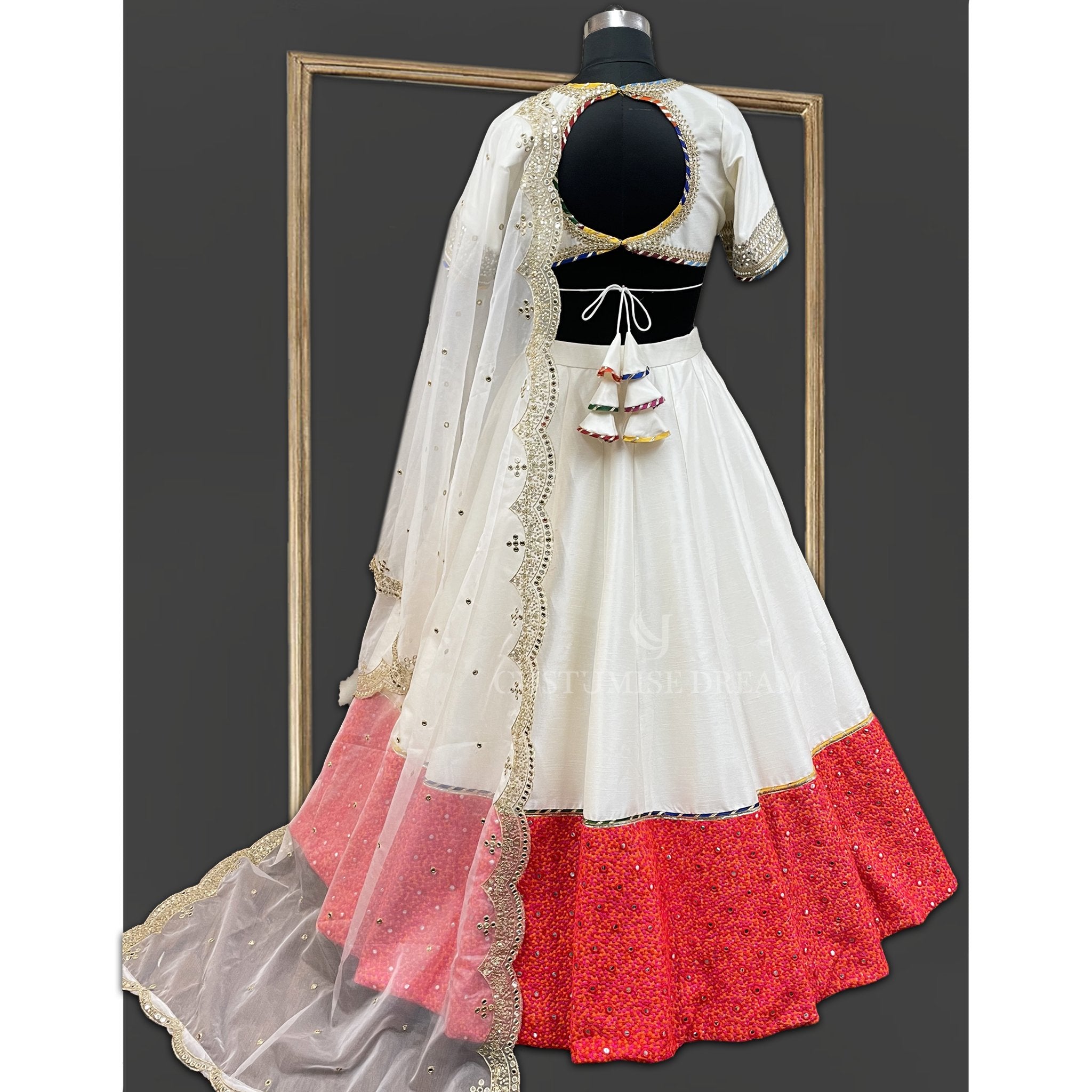 Ivory Silk Lehenga: Mirror Embroidered Splendor - Indian Designer Bridal Wedding Outfit