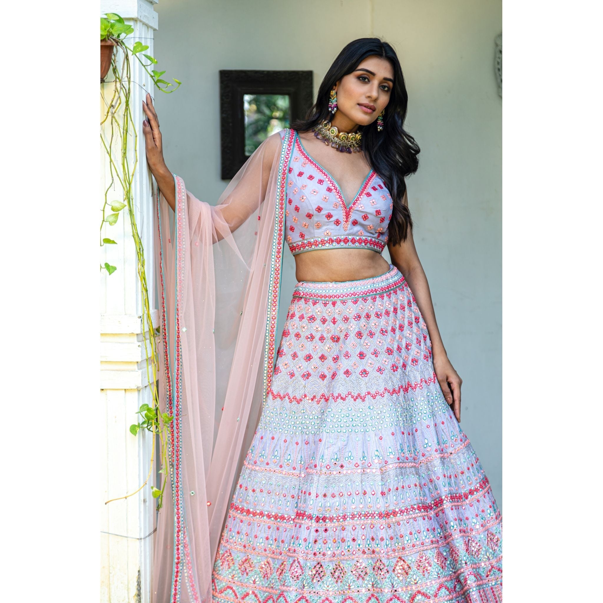 Lavender Multicolored Mirrorwork Lehenga Set - Indian Designer Bridal Wedding Outfit
