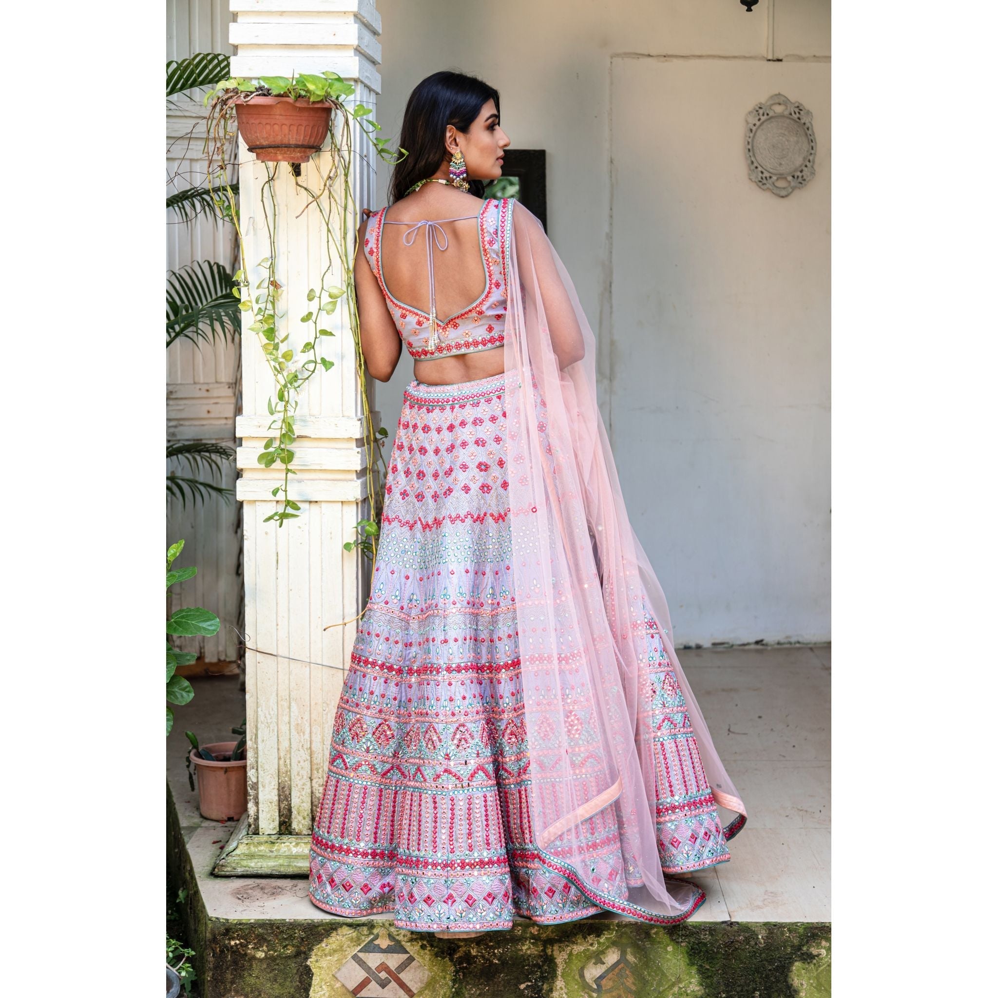 Lavender Multicolored Mirrorwork Lehenga Set - Indian Designer Bridal Wedding Outfit