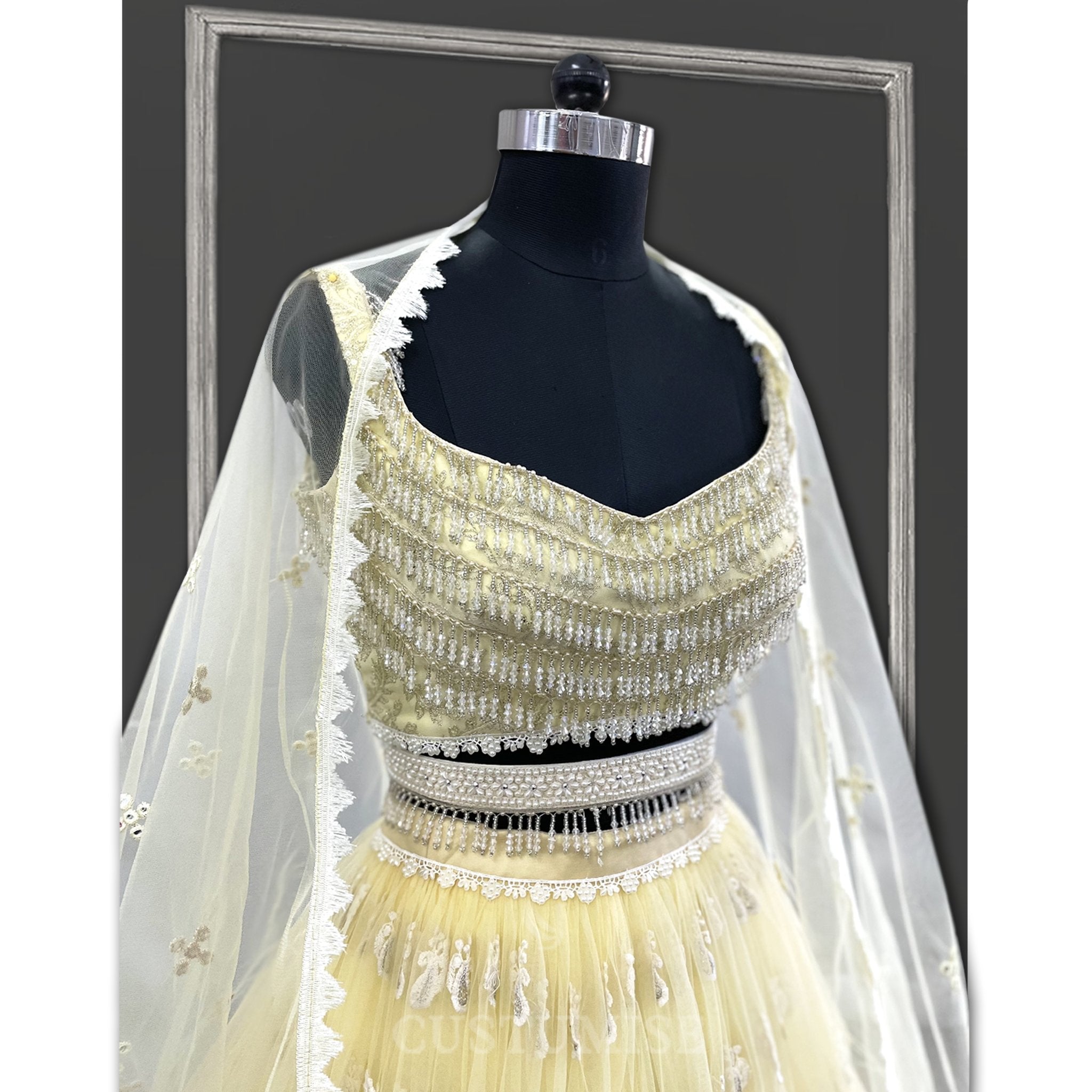 Lemon Yellow Pearl Lehenga set - Indian Designer Bridal Wedding Outfit