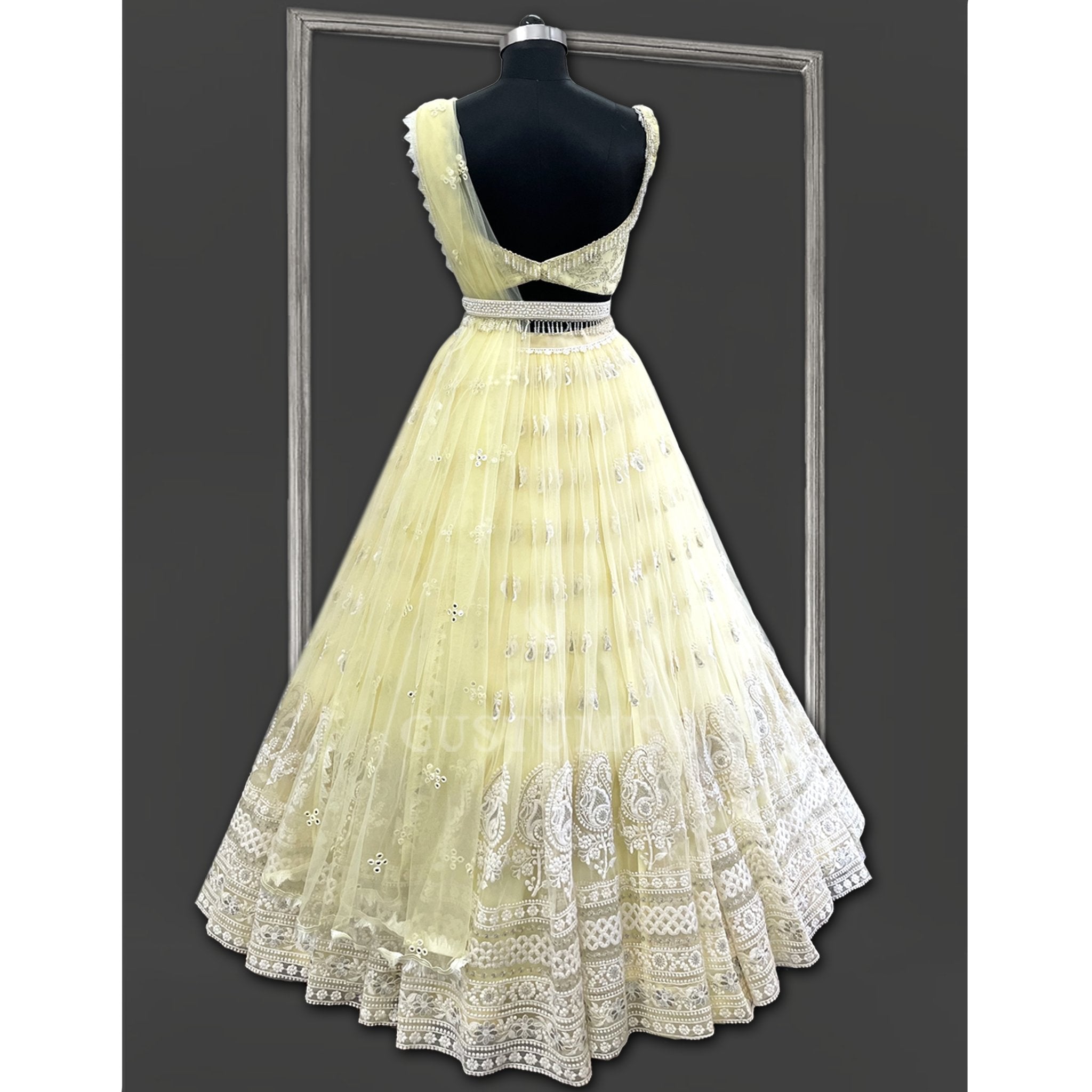 Lemon Yellow Pearl Lehenga set - Indian Designer Bridal Wedding Outfit