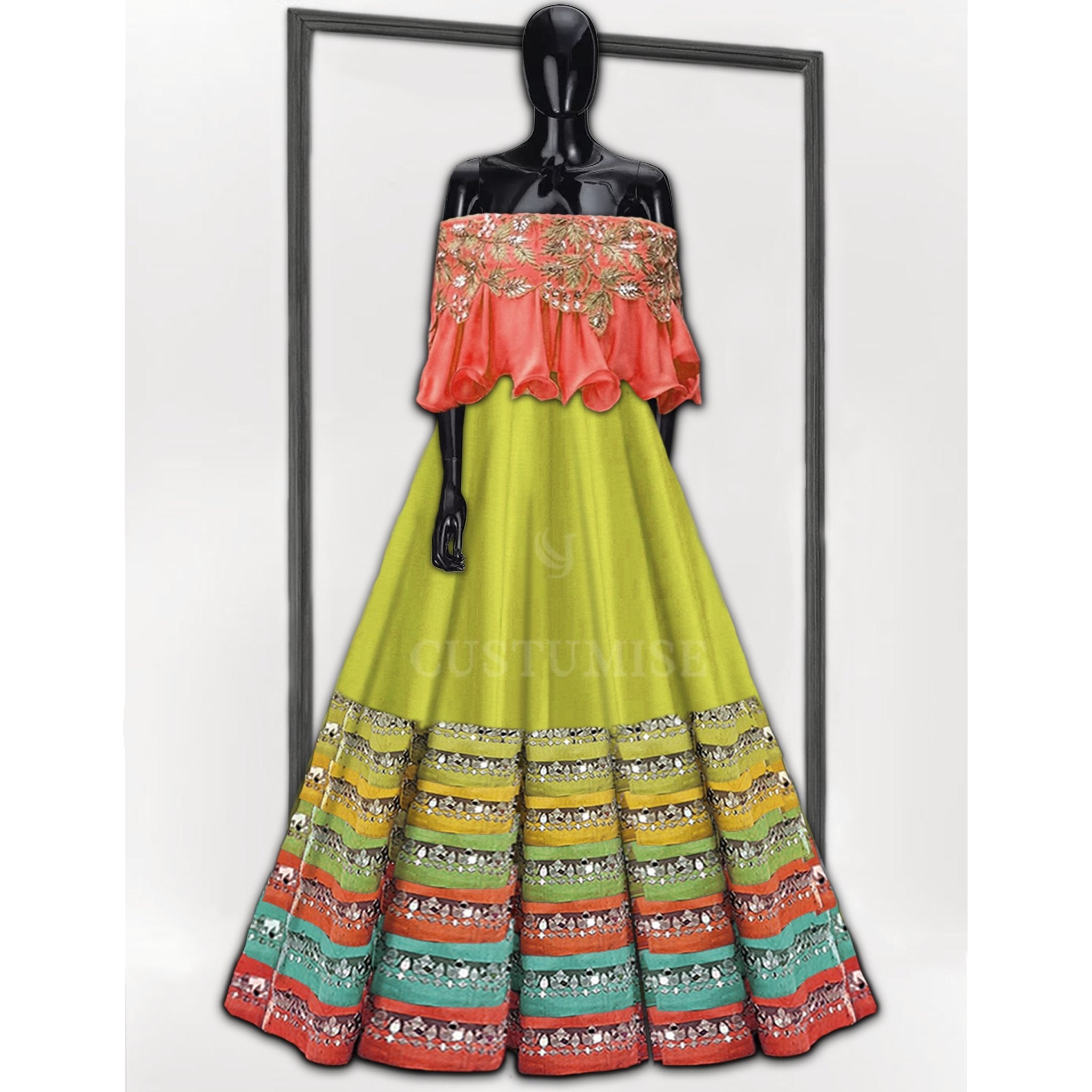 Lime Green and Coral Mirror Skirt Set - Indian Designer Bridal Wedding Outfit