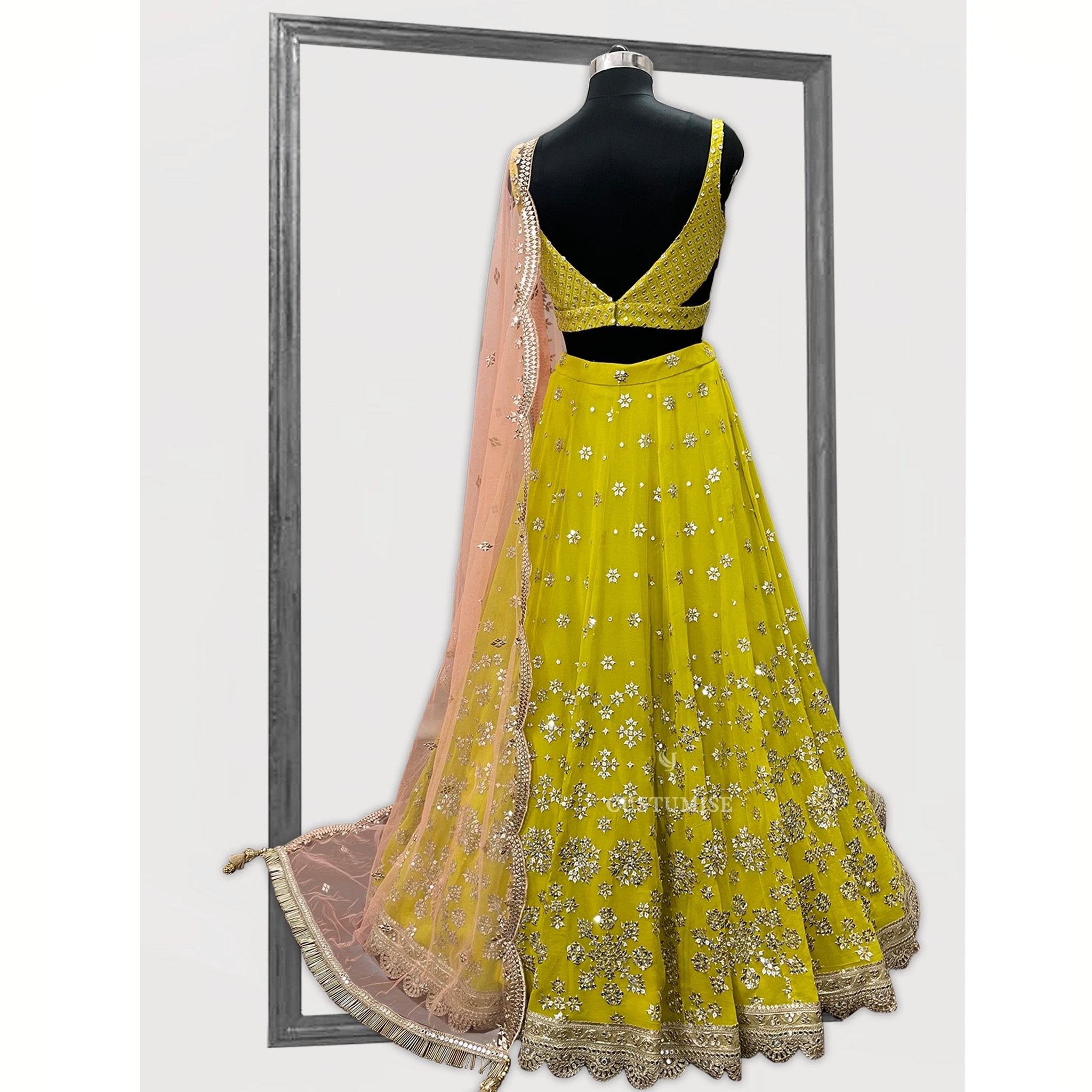 Lime Green and Pink Embroidered Lehenga. - Indian Designer Bridal Wedding Outfit