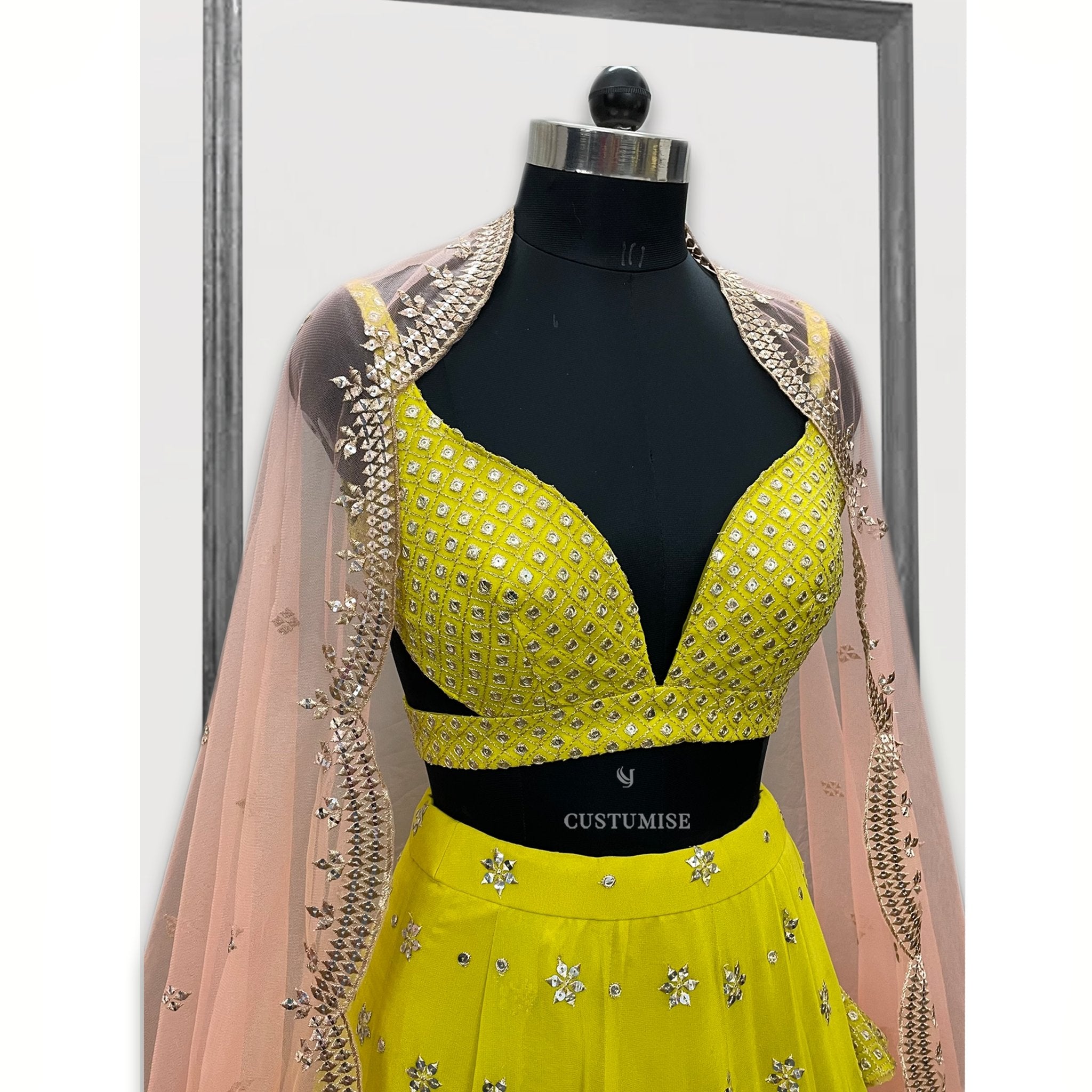 Lime Green and Pink Embroidered Lehenga. - Indian Designer Bridal Wedding Outfit