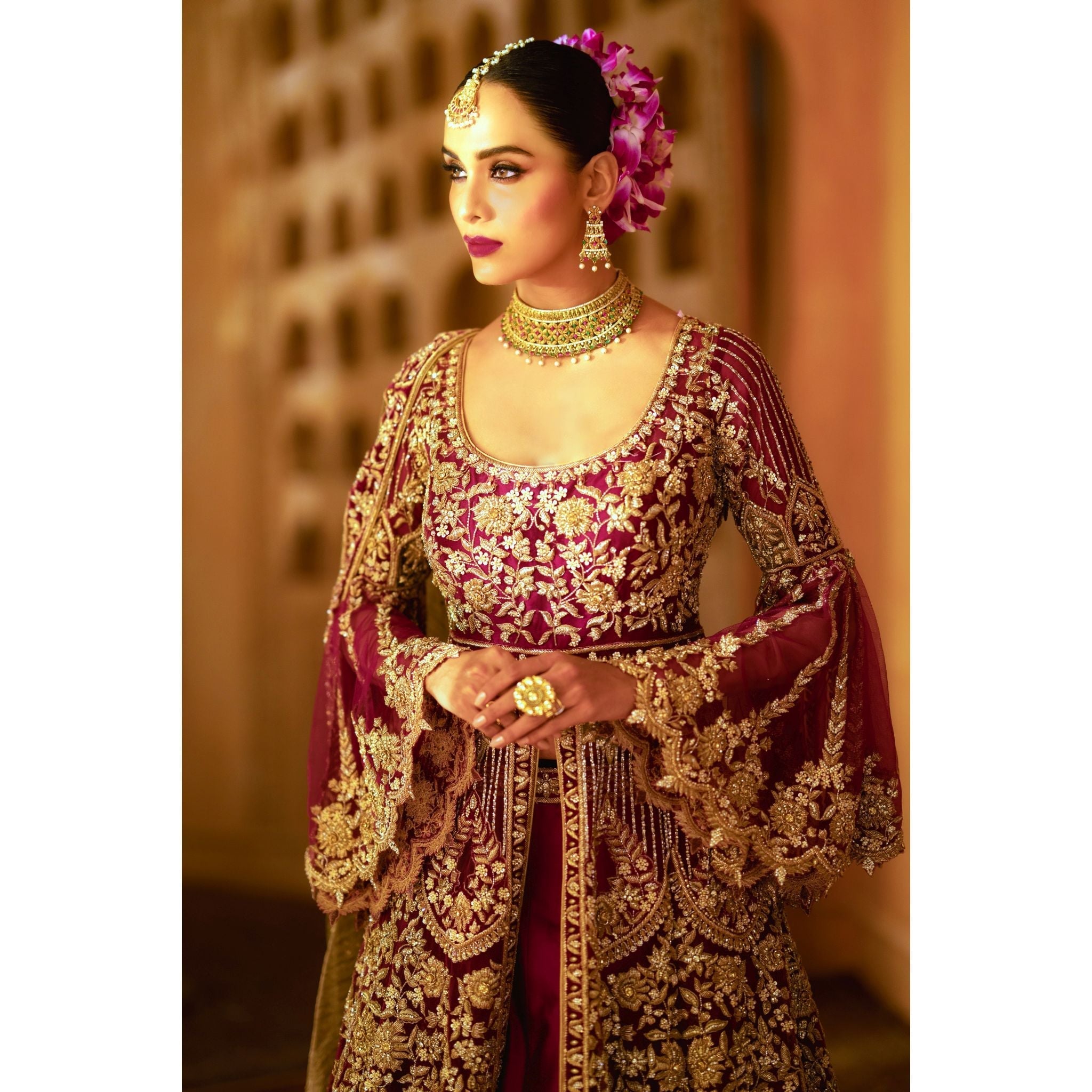 Magenta And Gold Mughal Anarkali Lehenga Set - Indian Designer Bridal Wedding Outfit