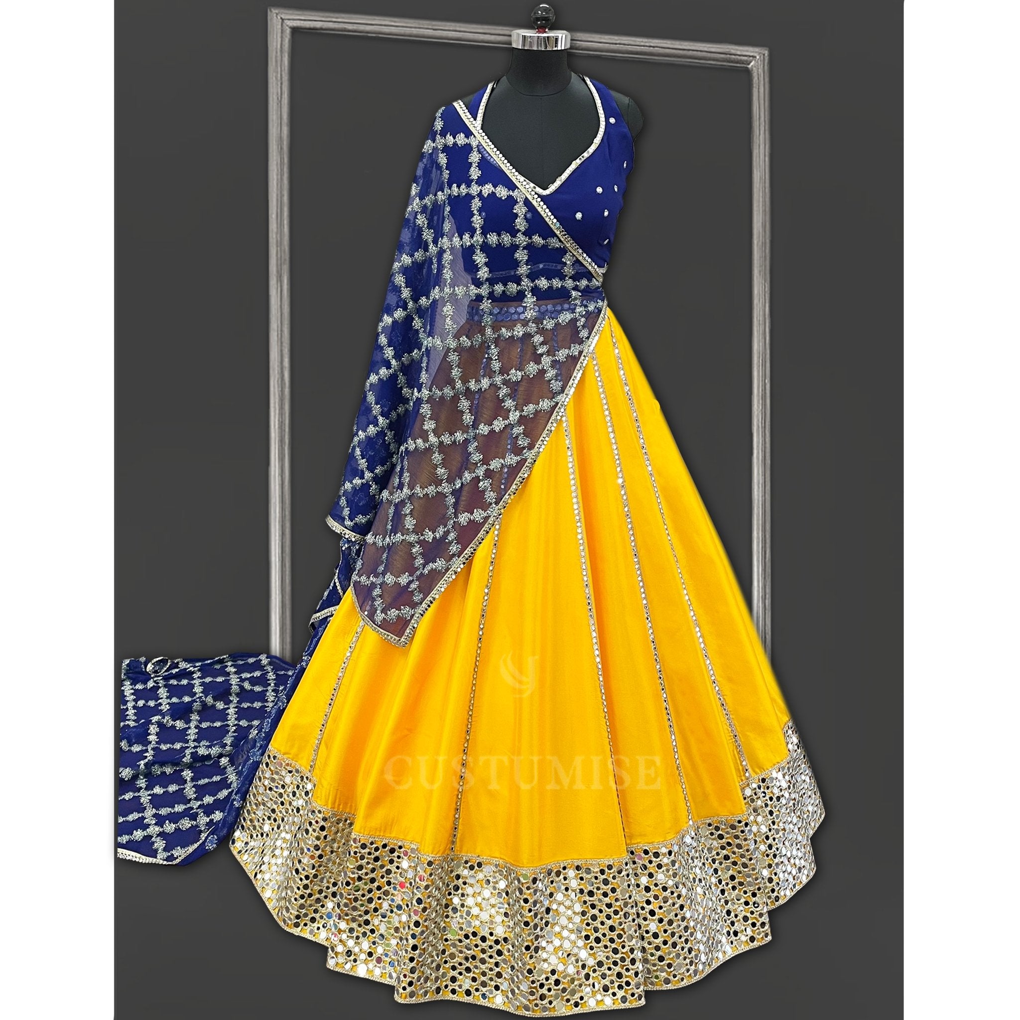 Mango Yellow Silk and Royal Blue Mirror work Lehenga Set. - Indian Designer Bridal Wedding Outfit