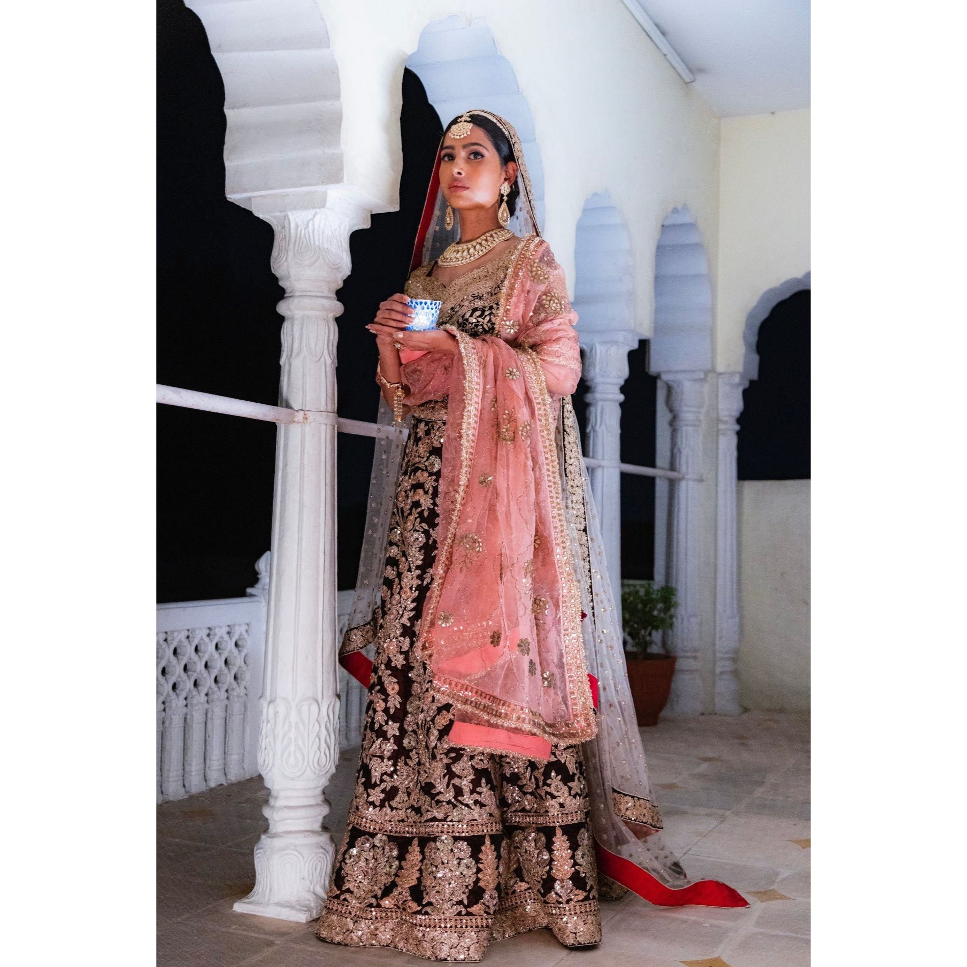Maroon and Peach Embroidered Lehenga Set - Indian Designer Bridal Wedding Outfit