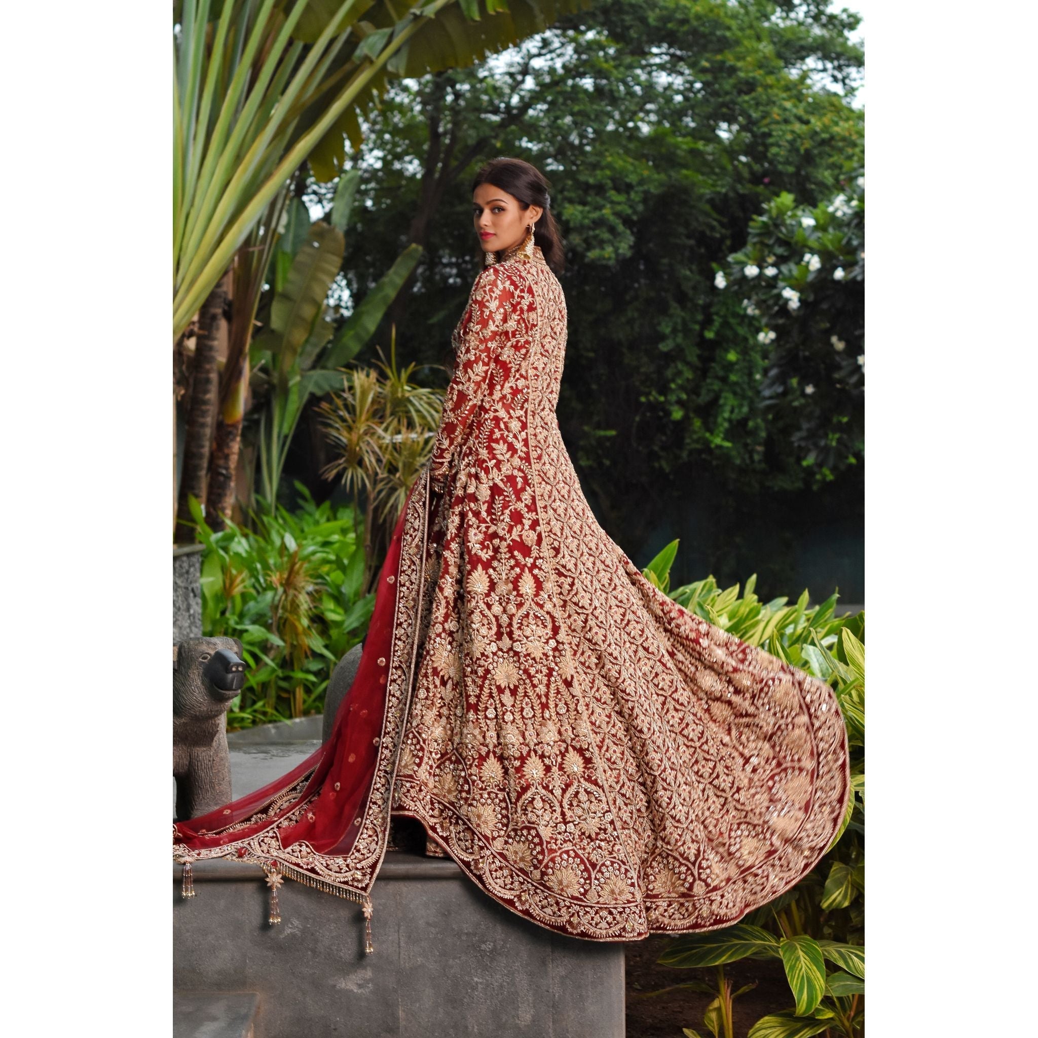 Maroon Red Anarkali Lehenga Set - Indian Designer Bridal Wedding Outfit