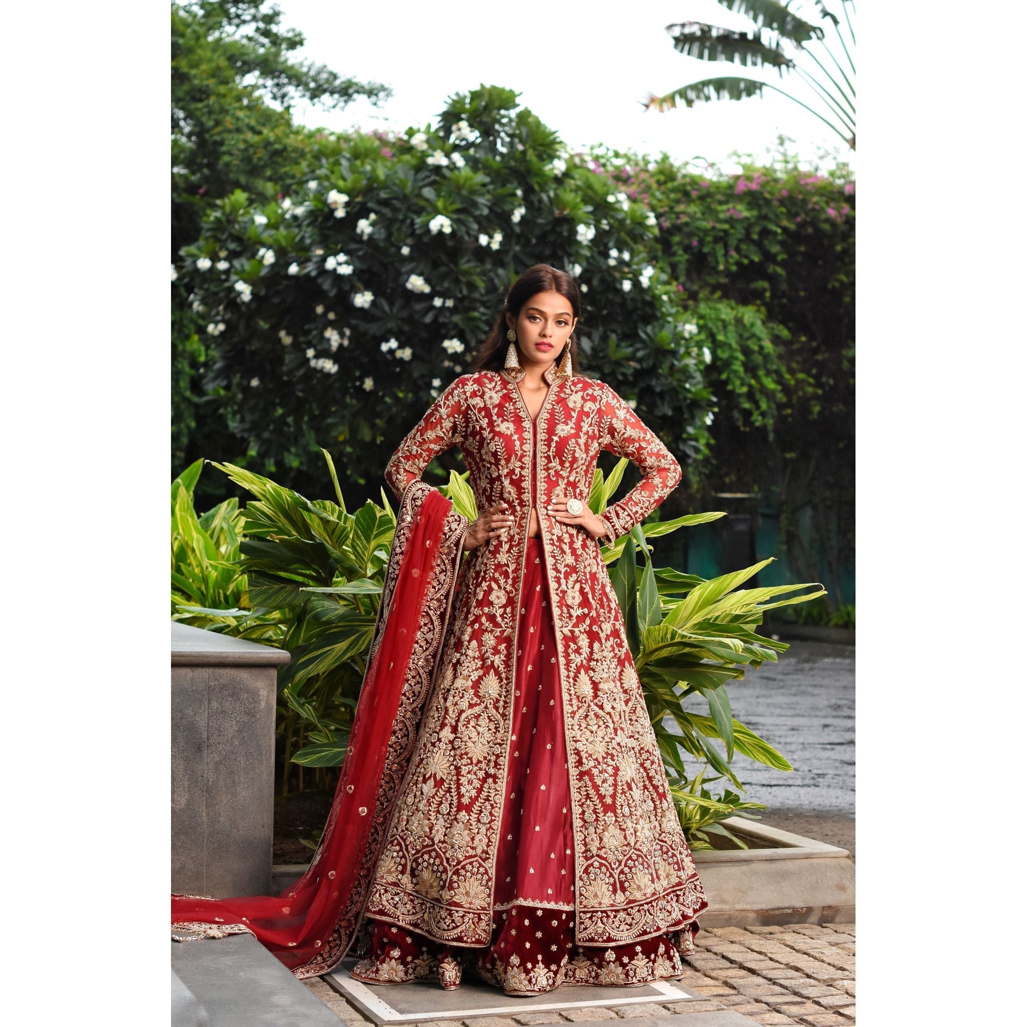 Maroon Red Anarkali Lehenga Set - Indian Designer Bridal Wedding Outfit