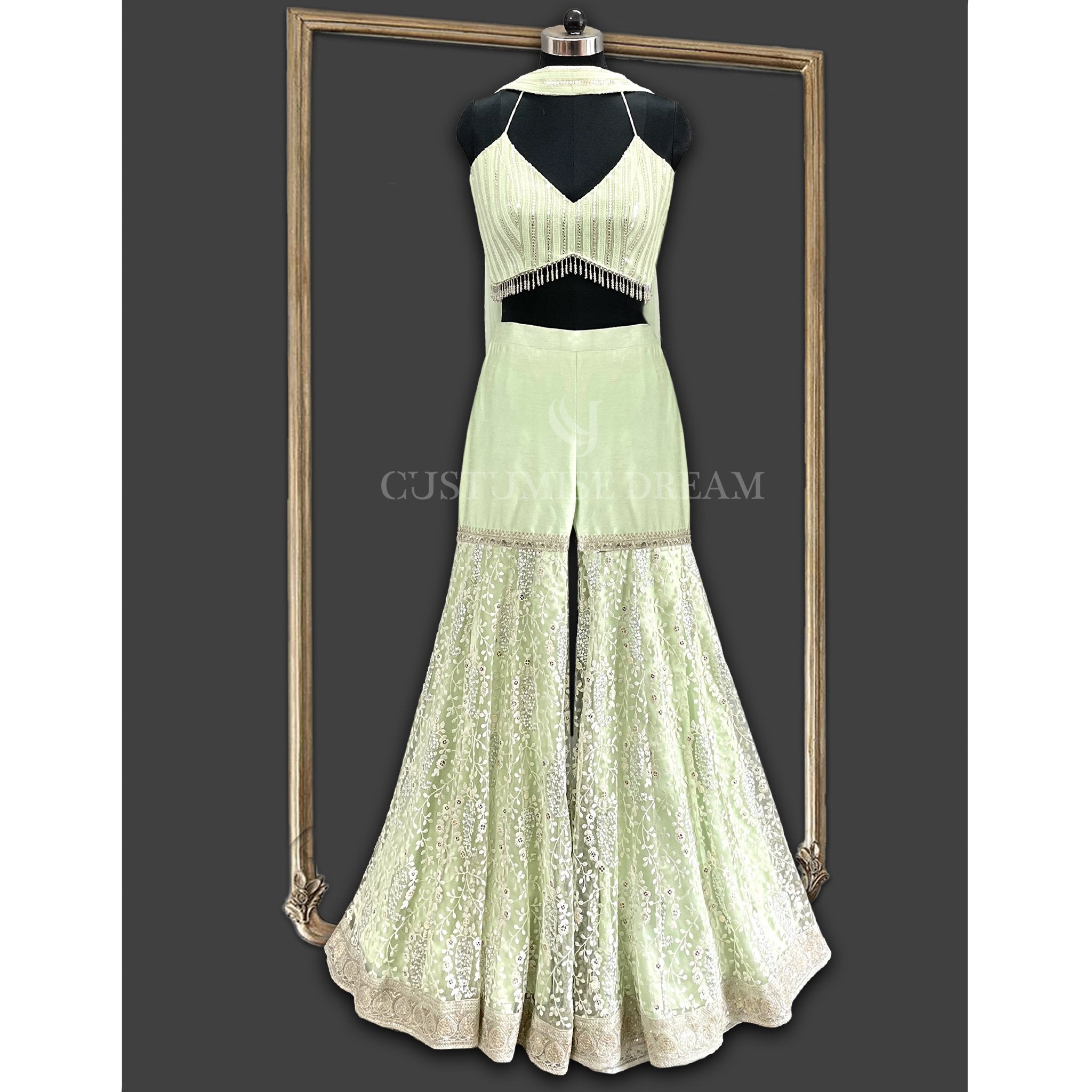 Mint Green Embroidered Sharara Set - Indian Designer Bridal Wedding Outfit