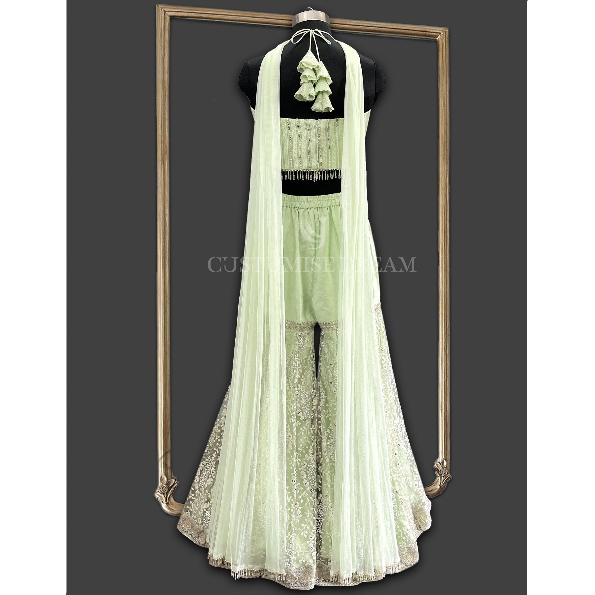 Mint Green Embroidered Sharara Set - Indian Designer Bridal Wedding Outfit