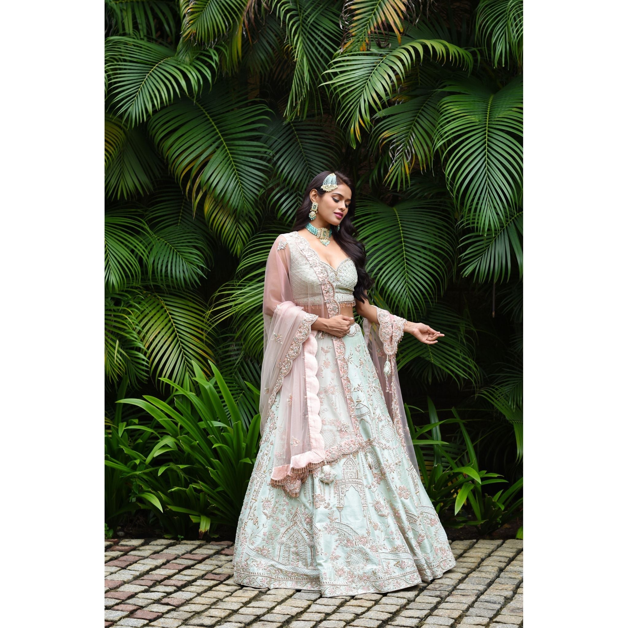 Mint Mughal Lehenga Set - Indian Designer Bridal Wedding Outfit