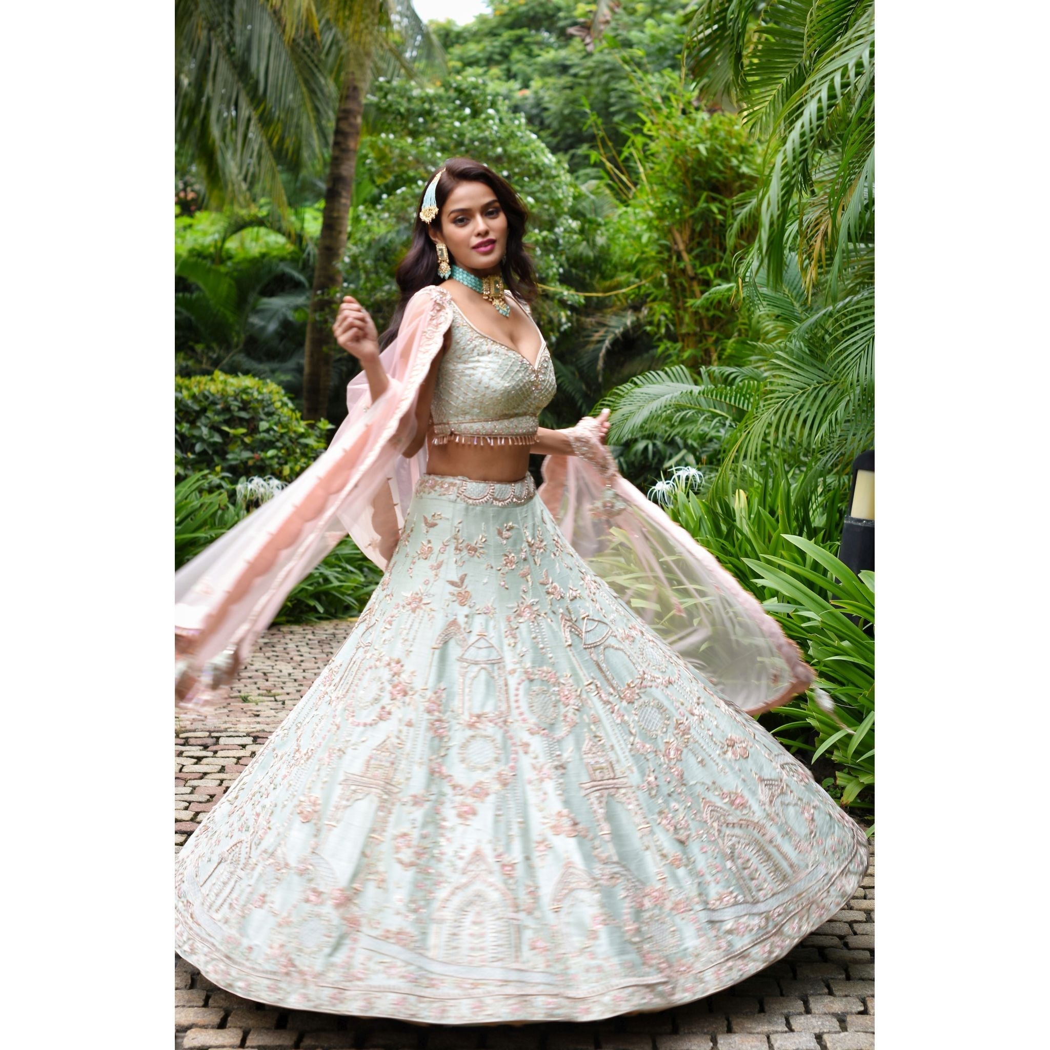 Mint Mughal Lehenga Set - Indian Designer Bridal Wedding Outfit