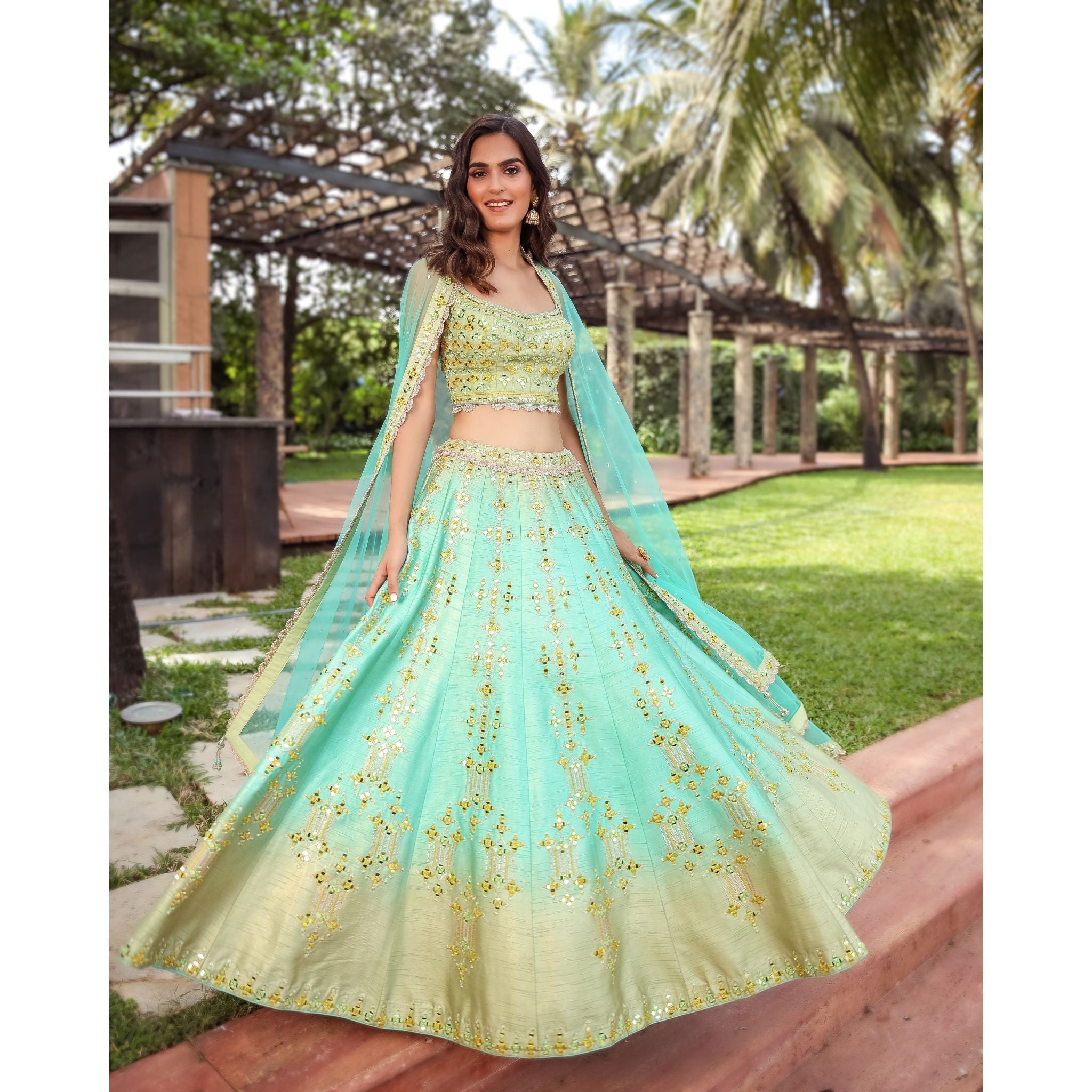 Mint Turquoise Mirrorwork Lehenga Set - Indian Designer Bridal Wedding Outfit